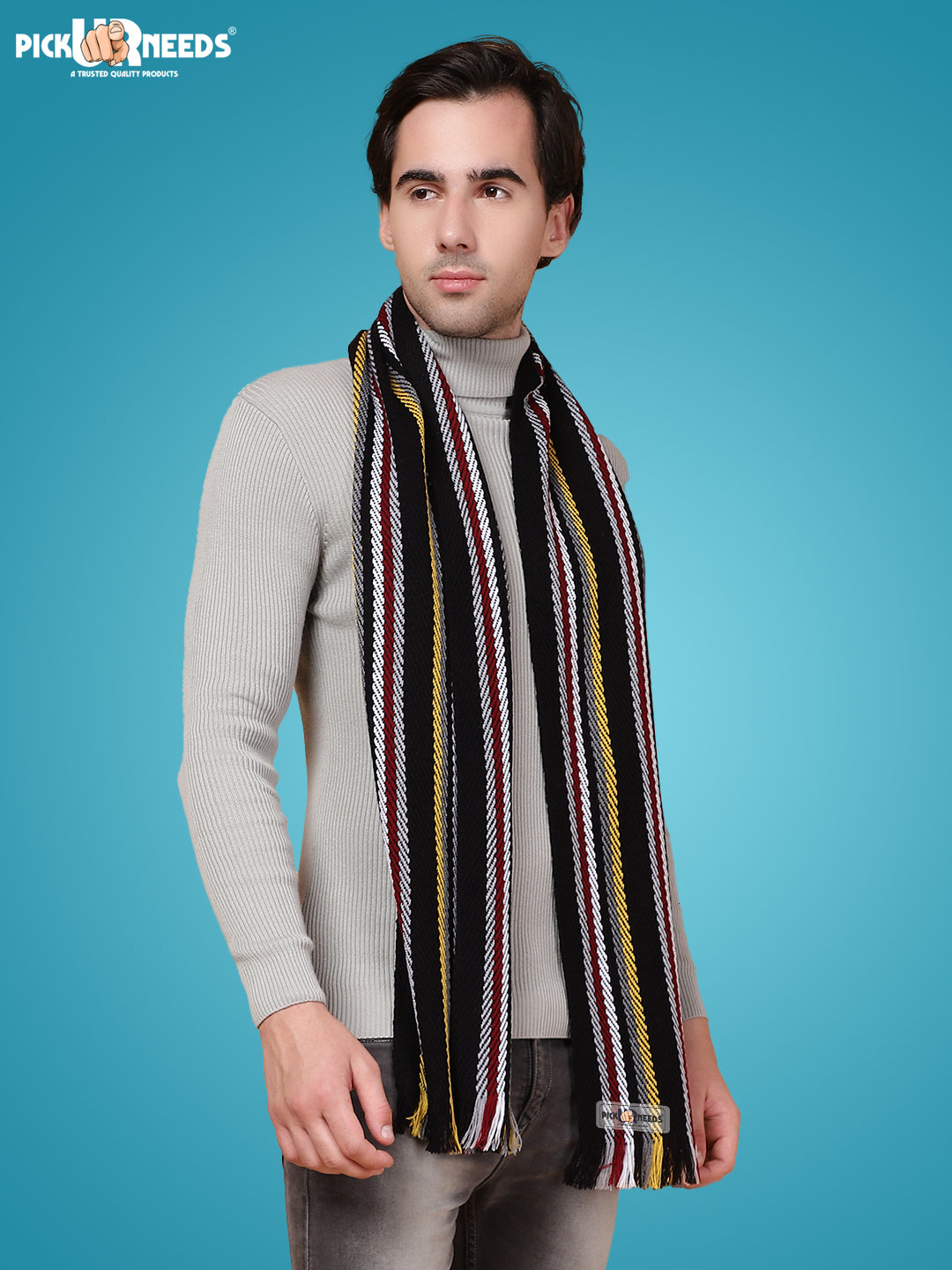 Pick Ur Needs Premium Men's Warm And Stylish Woolen Muffler With Multicolour Stripes And Stylish Tussles Ends
