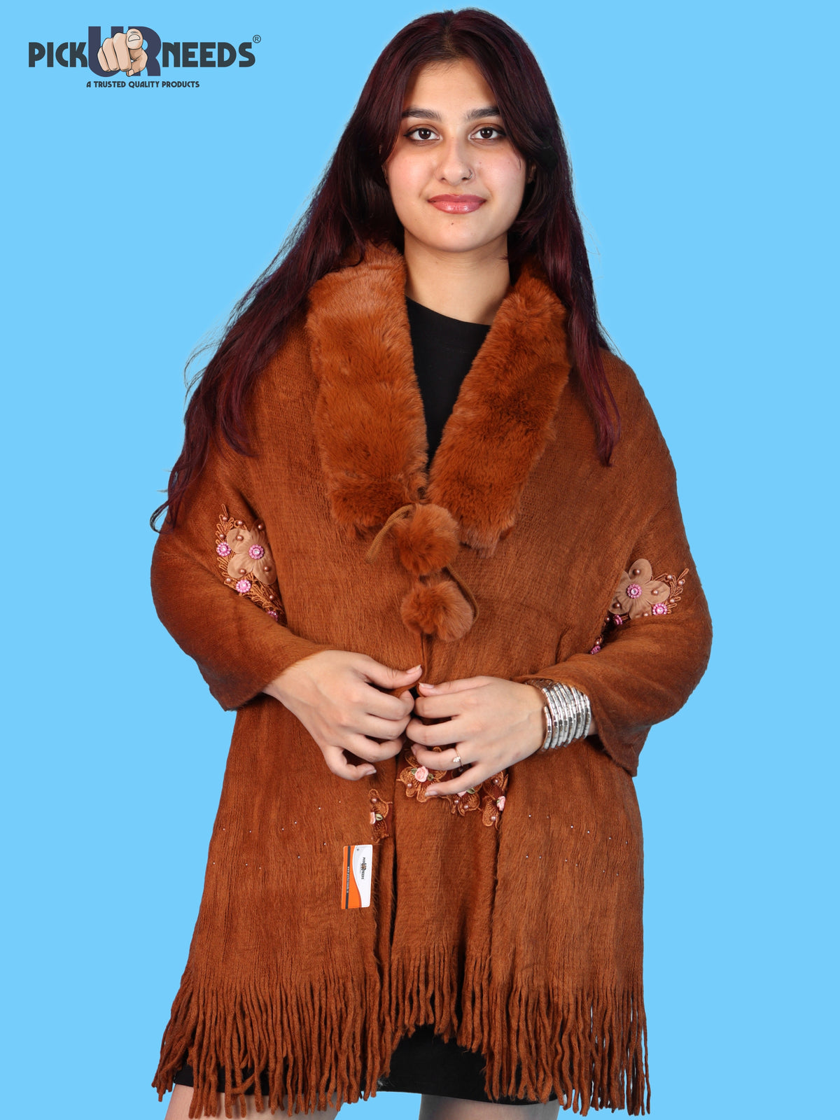 Pick Ur Needs Womens Premium Winter Shawl Shrug with Soft Fur Collar, Floral Embroidery, Pom-Pom Tie & Fringe Detailing Stylish Warm Wrap for Girls