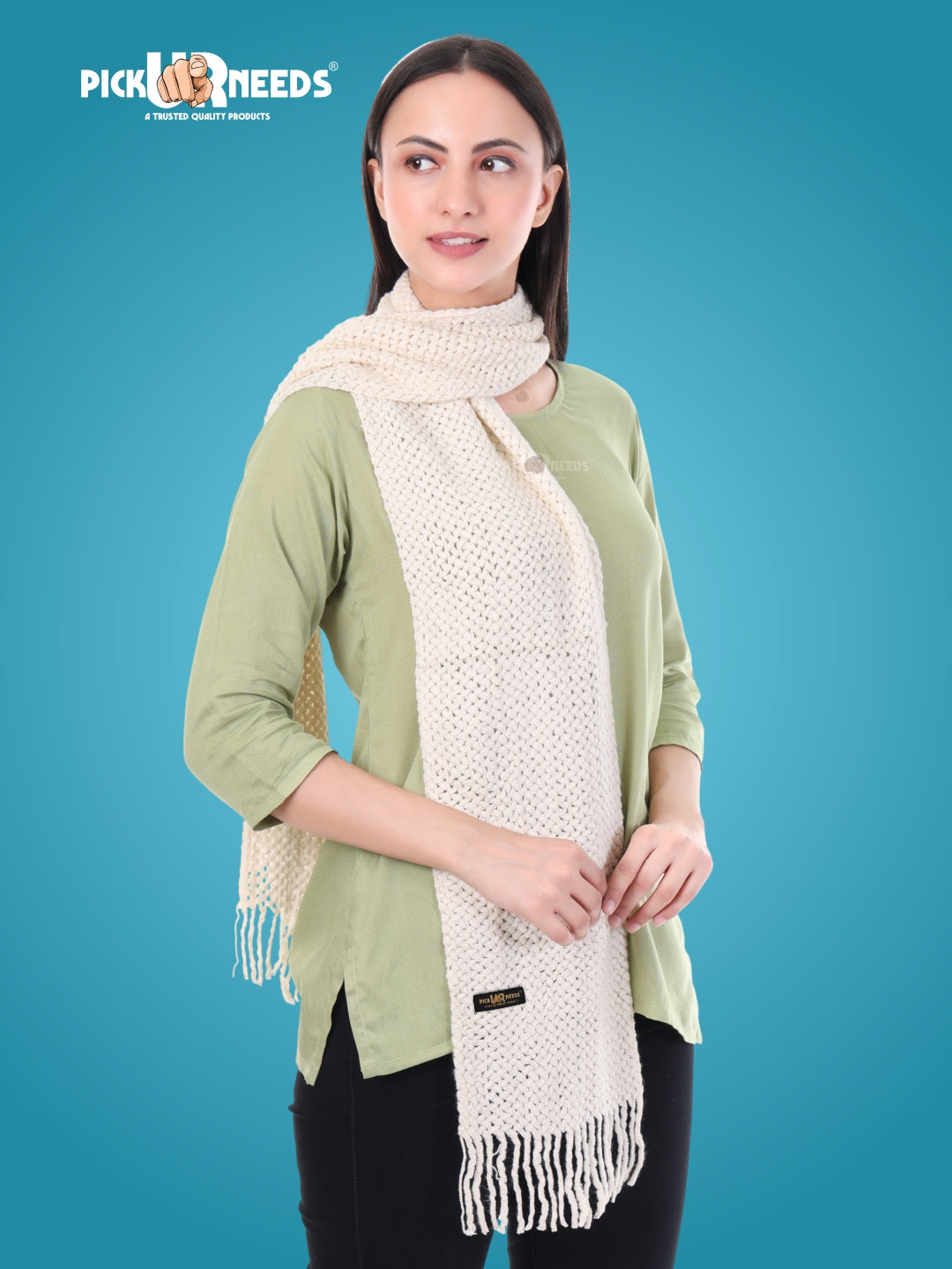 Pick Ur Needs Women's Chunky Knit Scarf  Soft, Warm & Breathable Winter Muffler  Unisex Solid Tan Textured Knit with Fringes