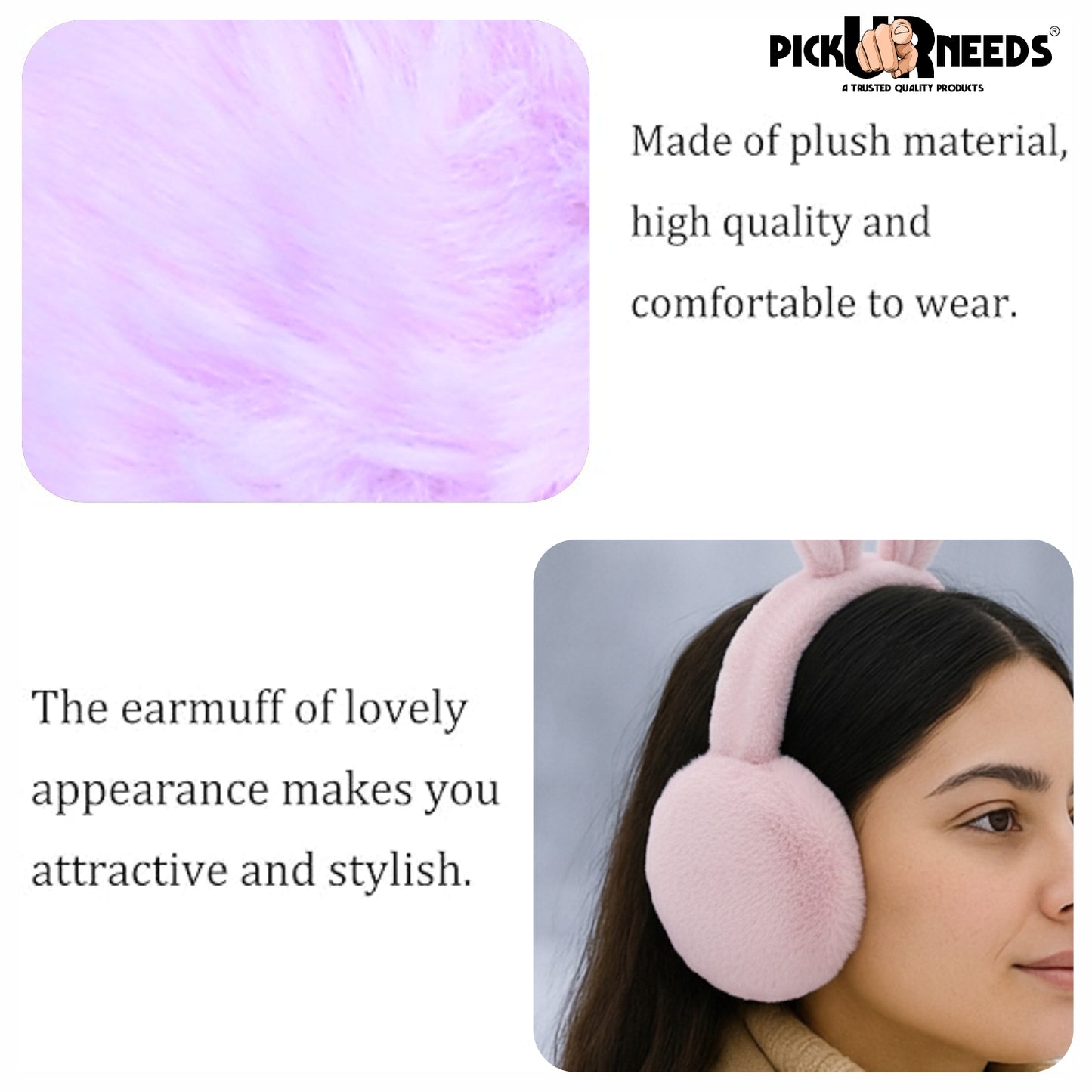 Pick Ur Needs Plush Earmuffs for Women & Girls with Stone Detail – Foldable Ultra-Soft Ear Warmers, Lightweight Winter Ear Muffs, Warm & Comfortable Cold Weather Accessory
