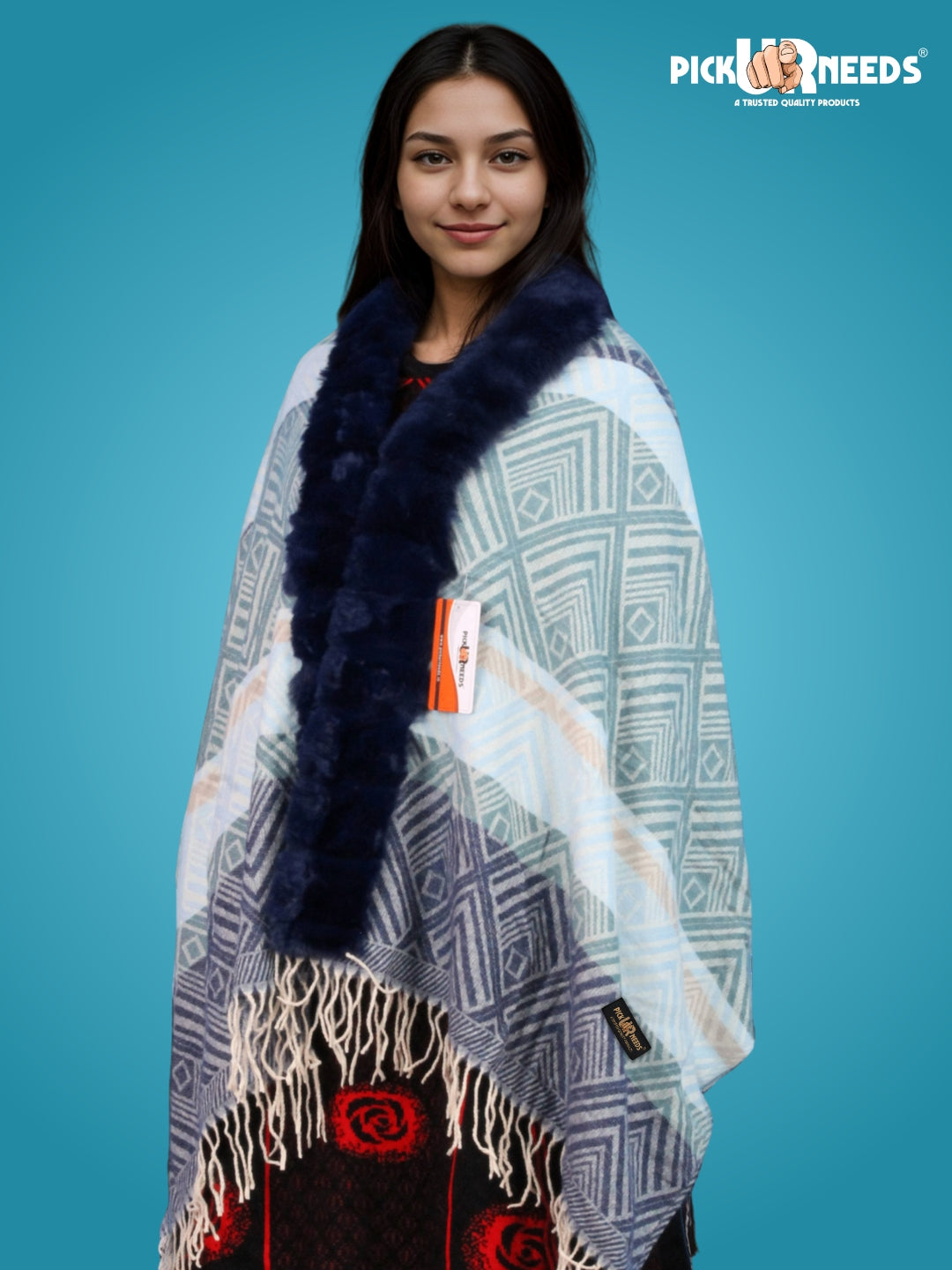 Pick Ur Needs Women's Winter Geometric Printed Faux Fur Border Shawl with Tassels  Soft Warm Wrap Stole for Casual, Party & Travel