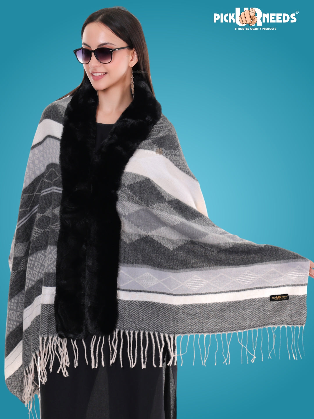 Pick Ur Needs Elegant Winter Soft & Warm Woolen Shawl with Faux Fur Border Multi Color Pattern Scarf