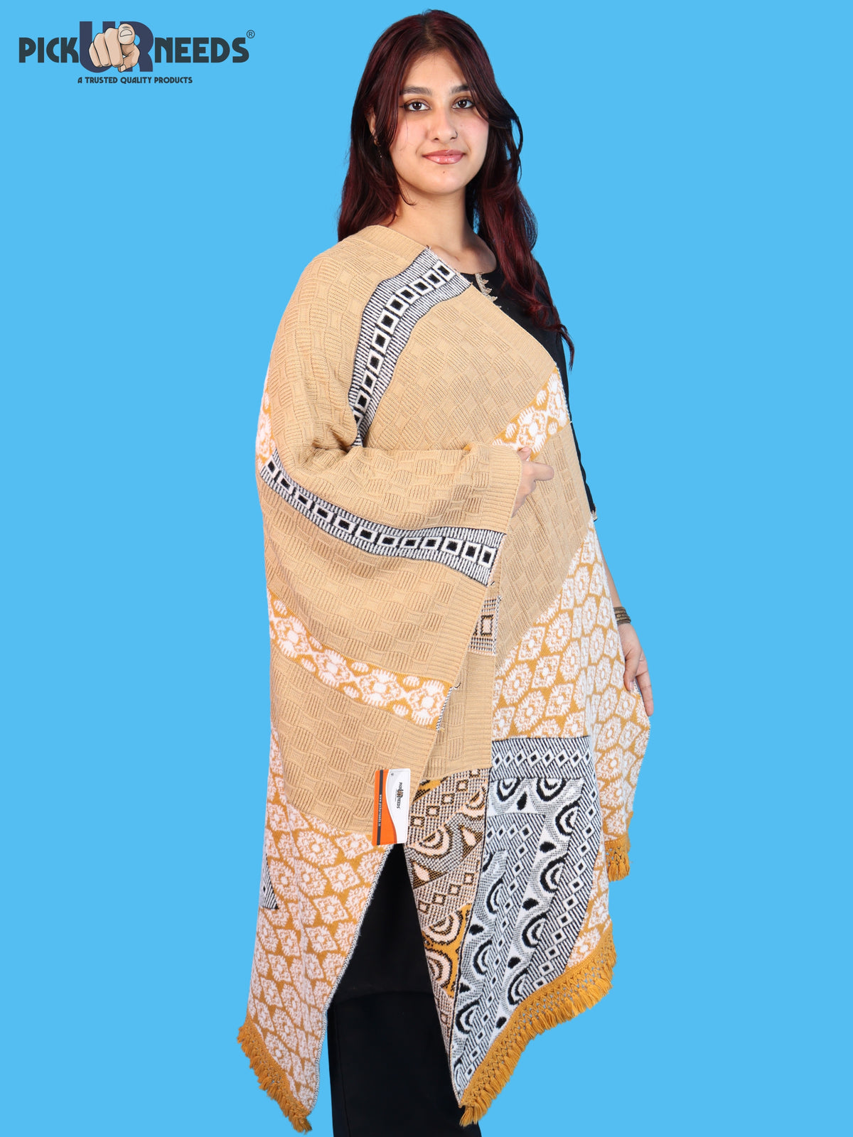Pick Ur Needs Winter Girls & Womens Woolen Shawl, Soft Warm Printed Wrap with Elegant Pattern & Fringe Border