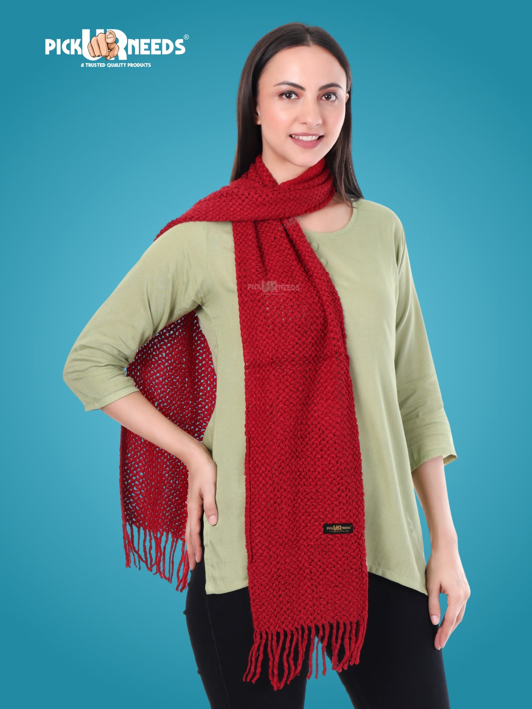 Pick Ur Needs Women's Chunky Knit Scarf  Soft, Warm & Breathable Winter Muffler  Unisex Solid Tan Textured Knit with Fringes