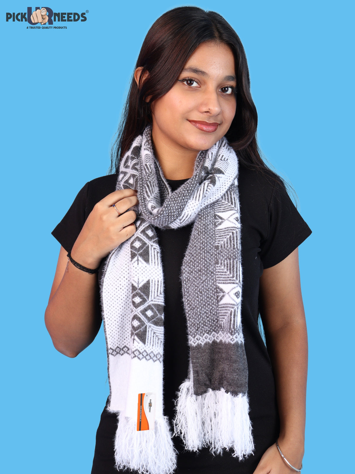 Pick Ur Needs Women & Girls Reversible Knitted Winter Muffler, Soft Warm Woollen Scarf with Geometric Pattern and Tassels, Lightweight Dual-Sided Winter Wrap