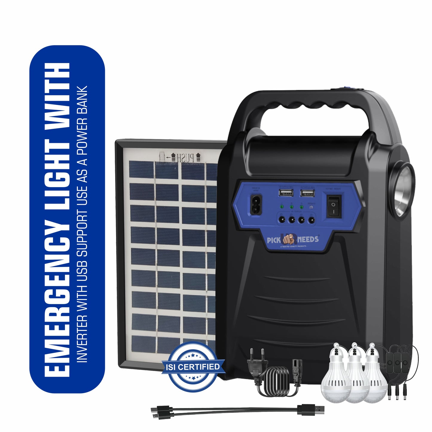 Pick Ur Needs Solar Chargeable Inverter Set Torch + Side Emergency Light + 3 Bulb 2 USB Port 7 hrs Torch Emergency Light