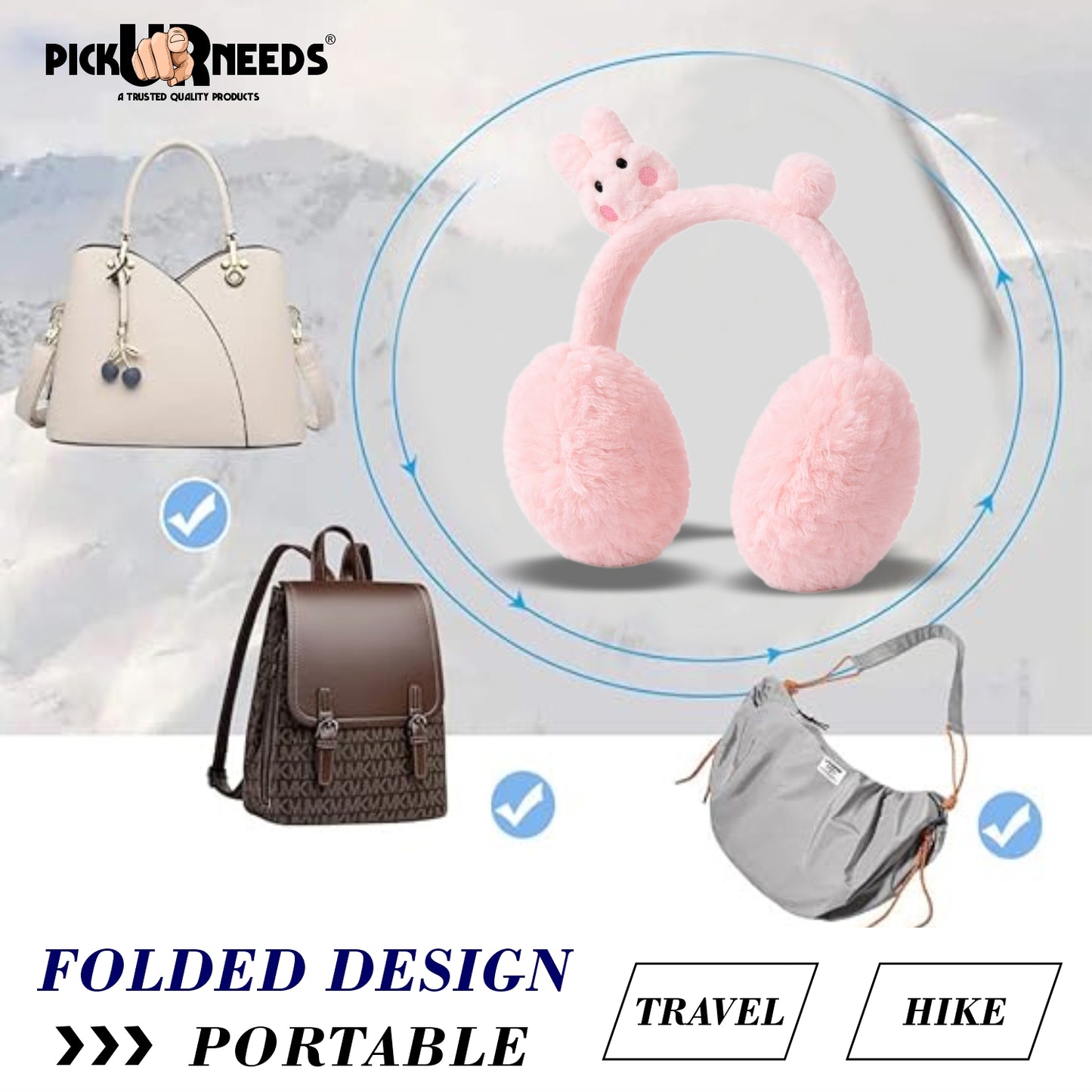 Pick Ur Needs Cute Bunny Ear Muffs for Women & Kids – Foldable Ultra-Soft Winter Earmuffs, Lightweight Plush Ear Warmers