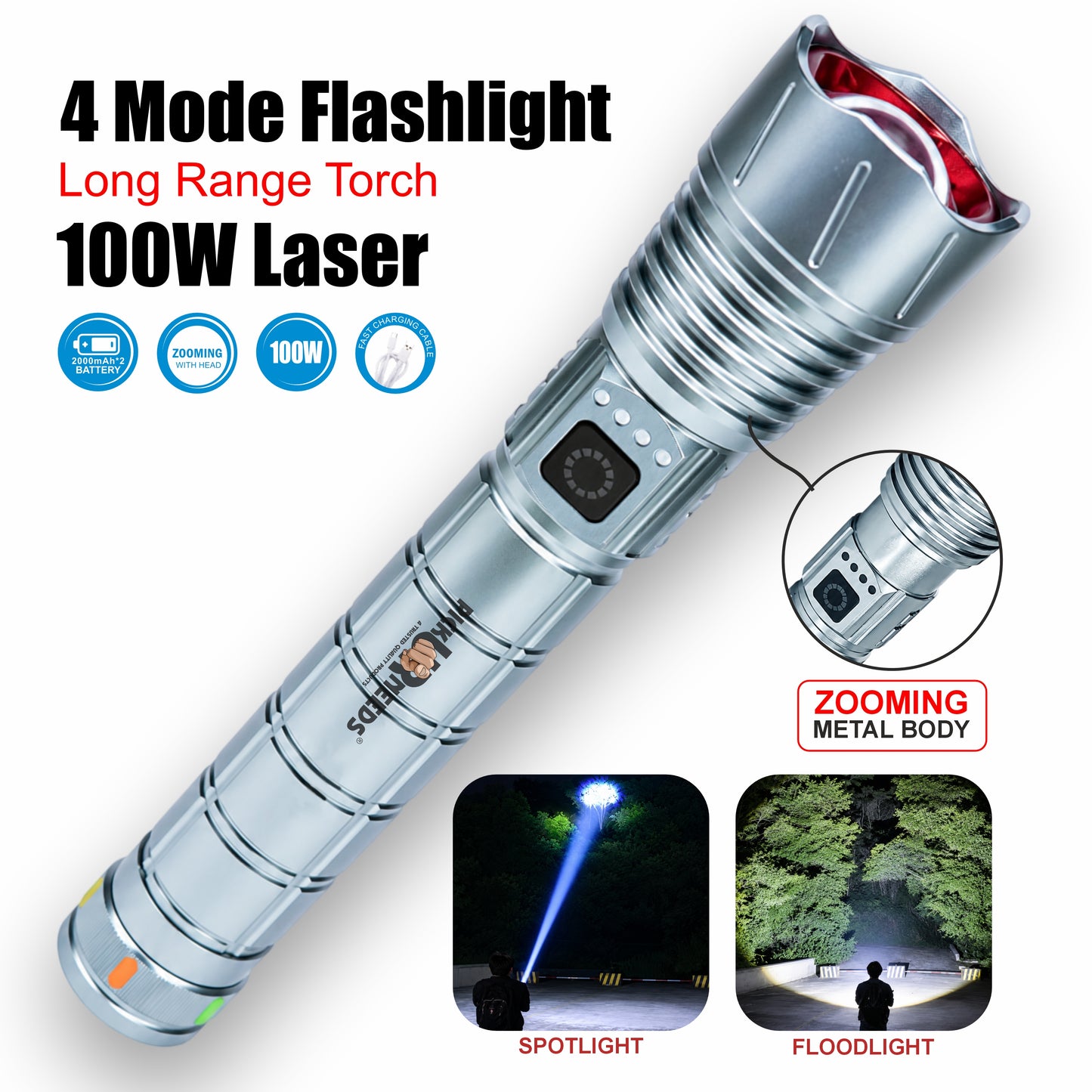 Pick Ur Needs Long Range Rechargeable Metal LED Torch Emgergency Search Zoomable Flashlight with 4000mAh Battery 4 Lighting Modes