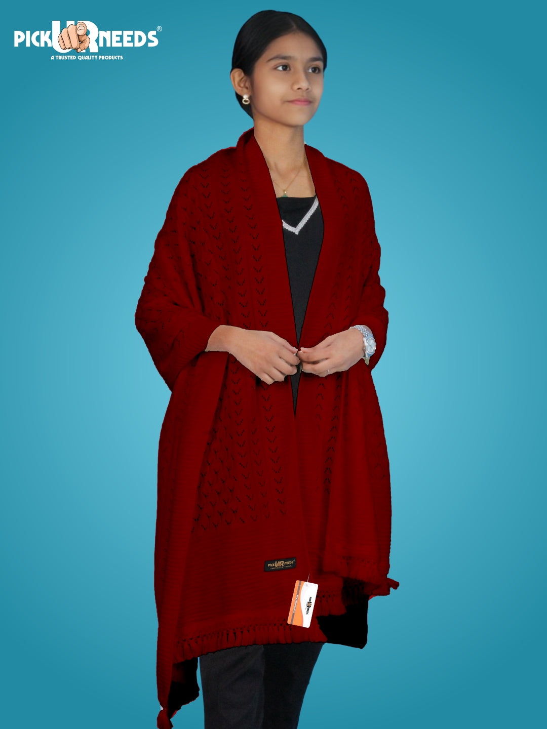 Pick Ur Needs Women’s Premium Knitted Winter Soft Shawl Woolen Warm Stole with Elegant Lace Pattern & Tassels For Girls