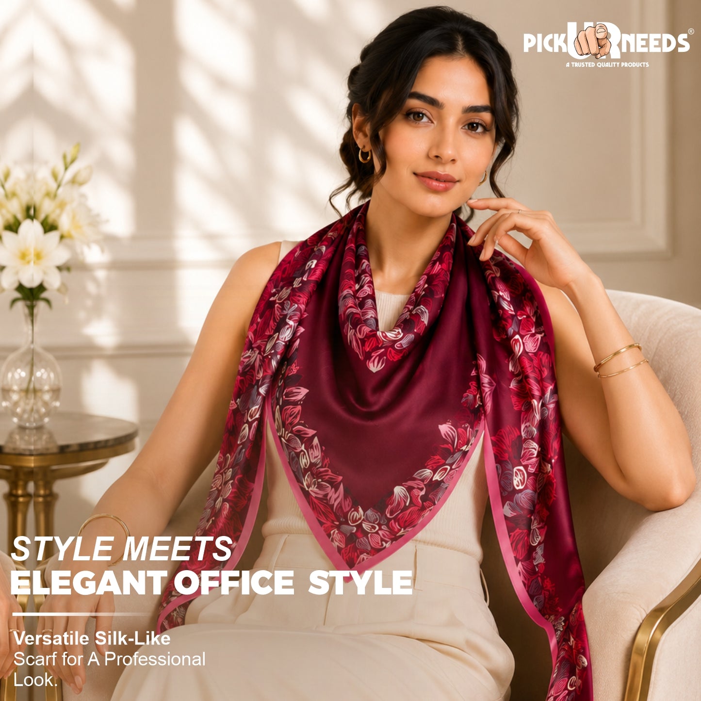Pick Ur Needs Premium Satin Silk Feel Rectangle Scarf for Womens & Girls Floral Printed Long Fashion Stall Soft Lightweight Neck, Head & Shoulder Wrap