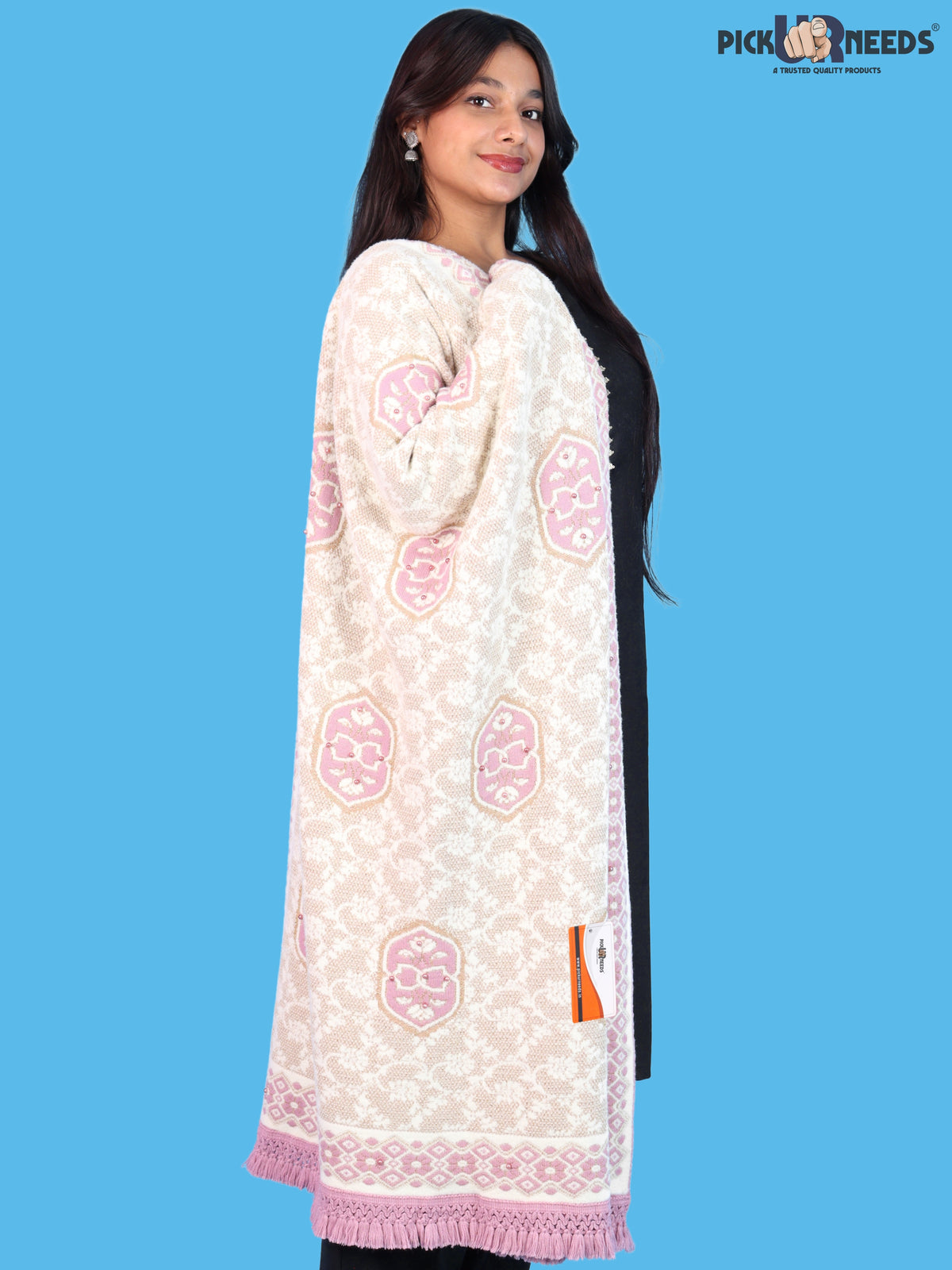 Pick Ur Needs Printed Women’s Woolen Shawl with Elegant Floral Pattern & Fur Border