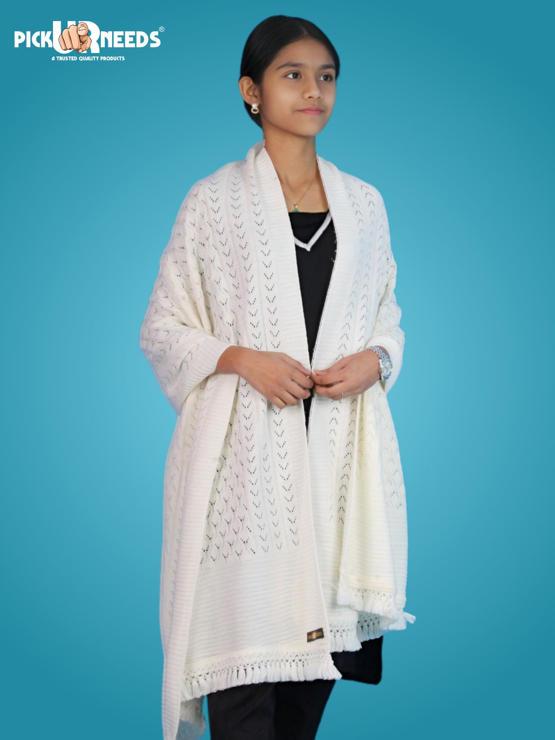 Pick Ur Needs Women’s Premium Knitted Winter Soft Shawl Woolen Warm Stole with Elegant Lace Pattern & Tassels For Girls