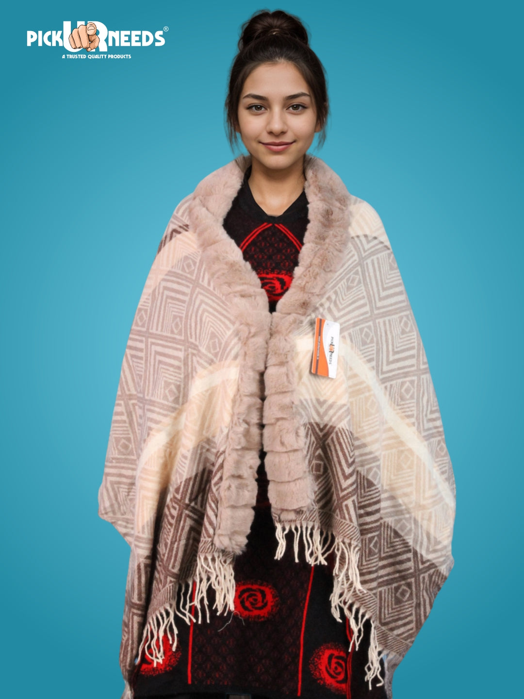 Pick Ur Needs Women's Winter Geometric Printed Faux Fur Border Shawl with Tassels  Soft Warm Wrap Stole for Casual, Party & Travel