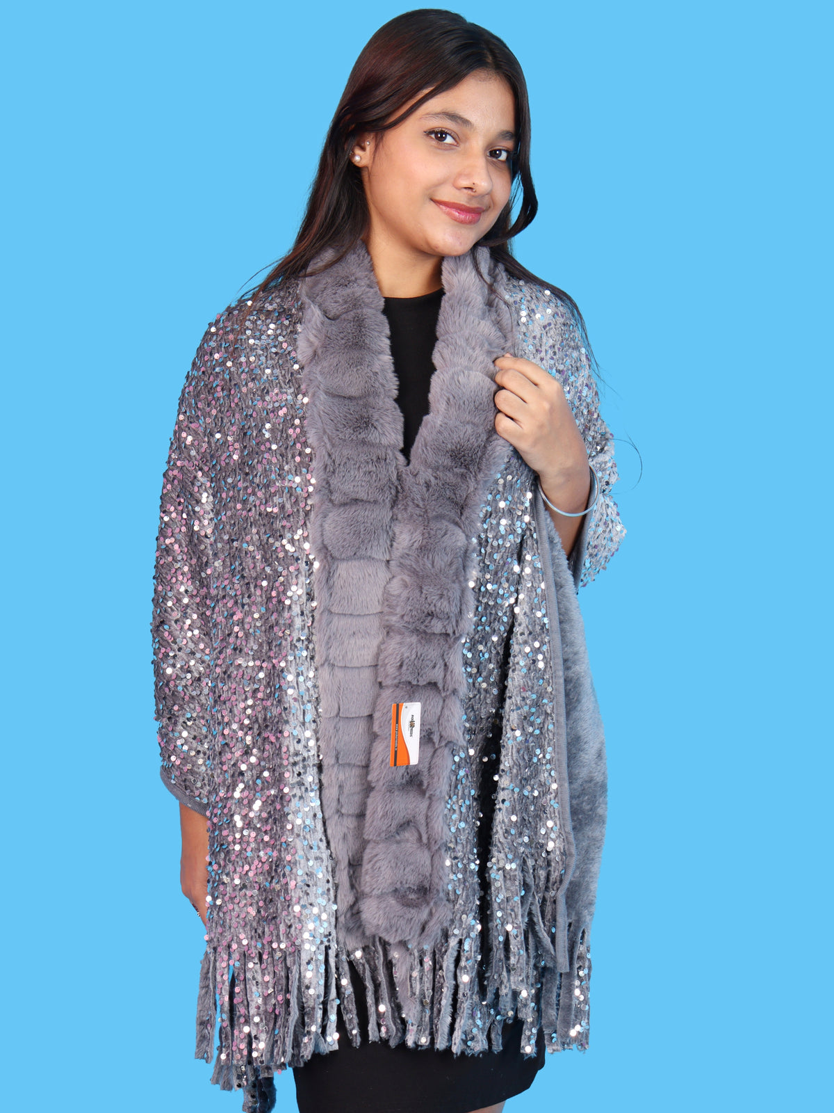 Pick Ur Needs Premium Winter Women Shawl with Shimmering Sequin Work & Soft Fur Border Elegant Warm Designer Shawls with Fringe Tassels for Ladies & Girls