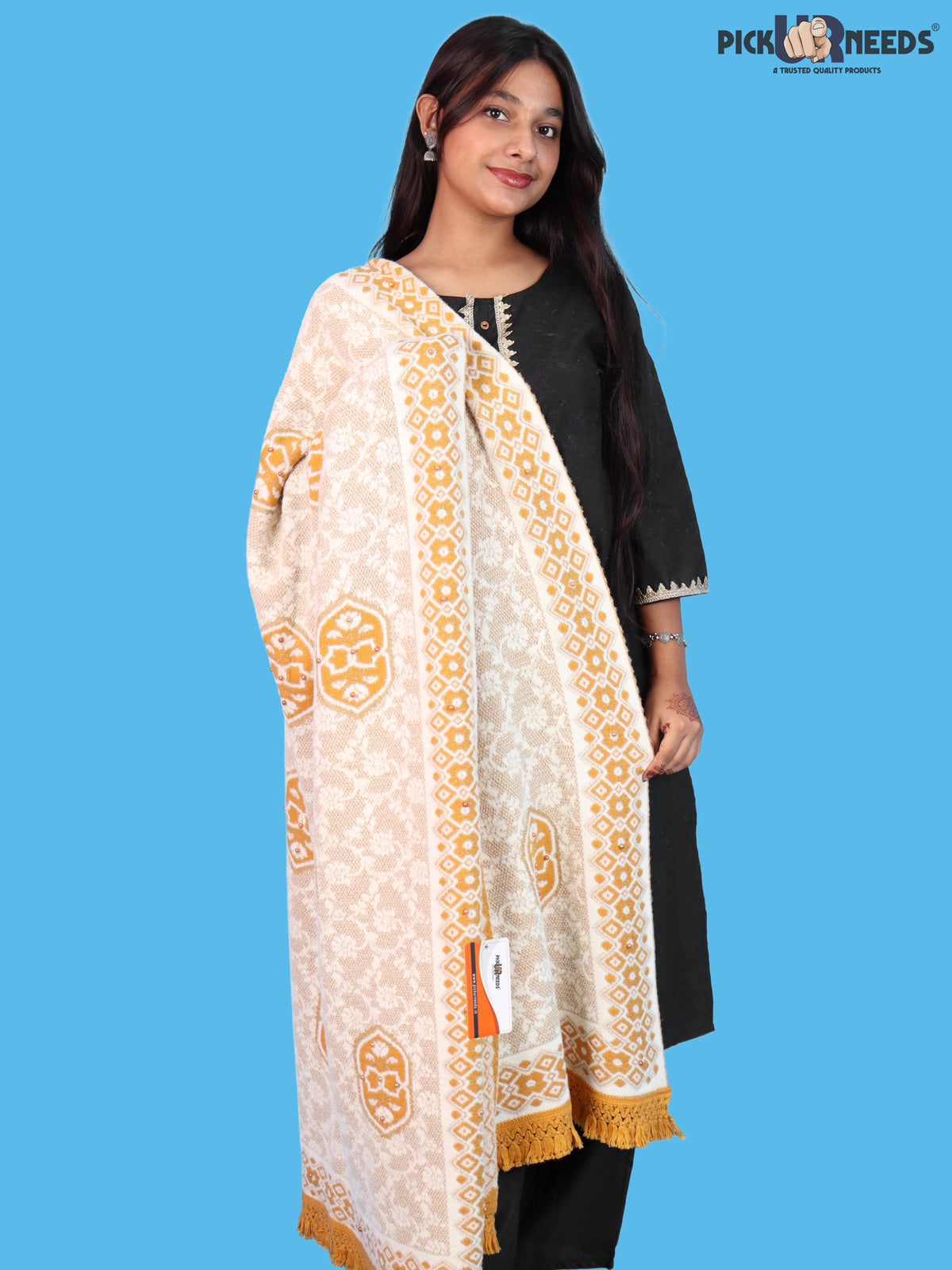Pick Ur Needs Printed Women’s Woolen Shawl with Elegant Floral Pattern & Fur Border