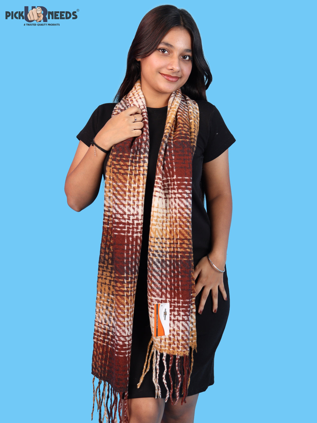 Pick Ur Needs Soft Woolen Girl's Muffler Scarf with Elegant Check Pattern,Warm & Cozy Winter Neck Wrap, Stylish Fringed Stole for Women & Girls