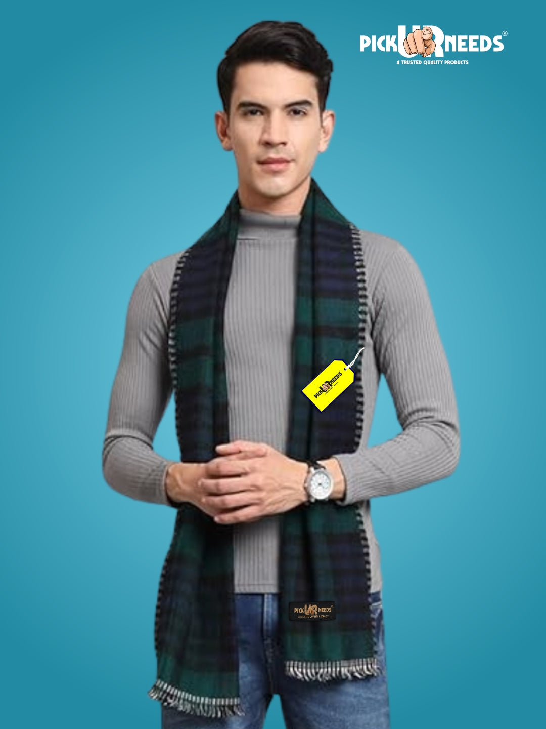 Pick Ur Needs Reversible Winter Muffler for Men Premium Soft Wool Blend Scarf Dual-Design Check & Houndstooth Pattern Warm & Stylish Winter Neck Wrap