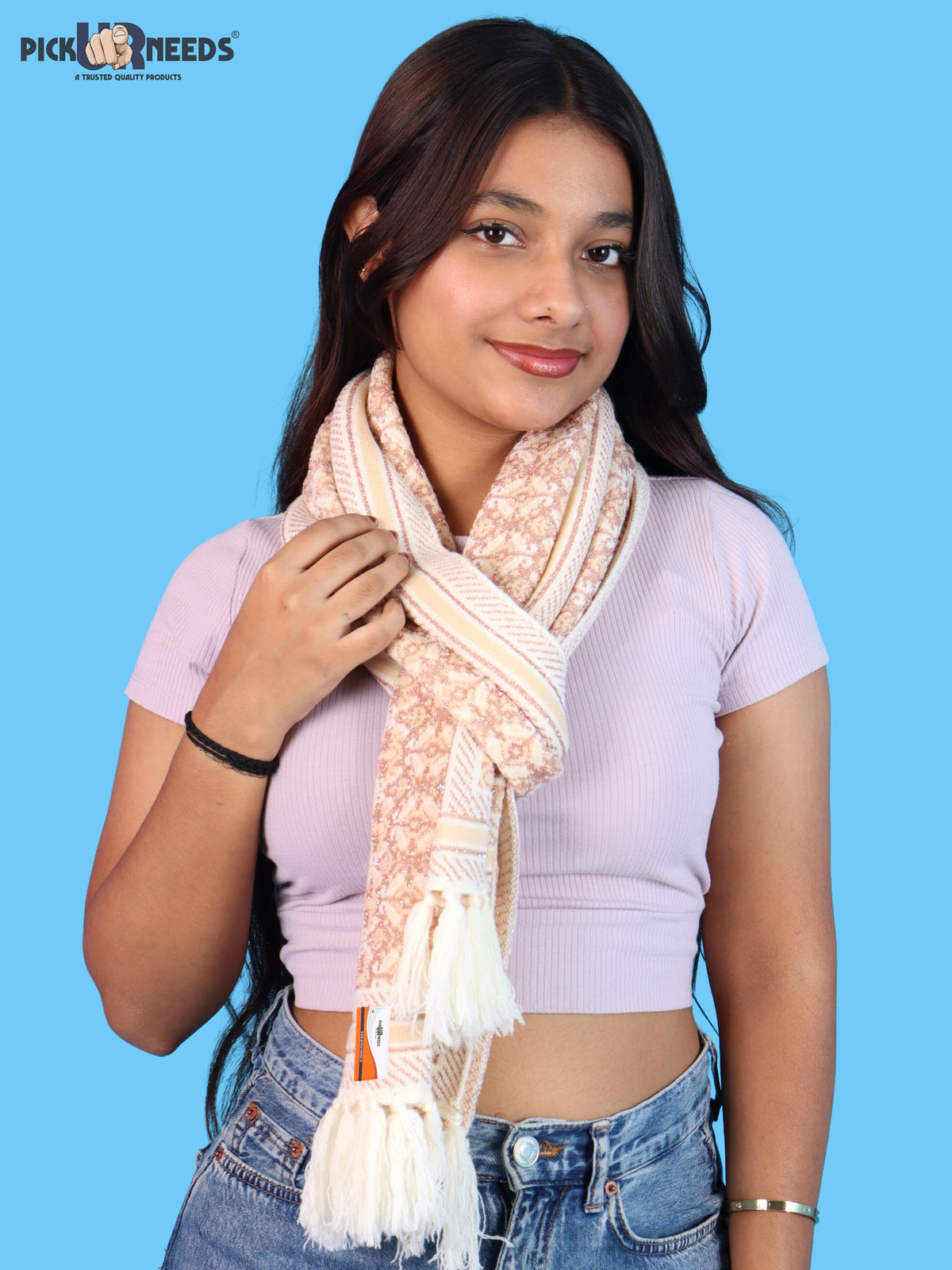 Pick Ur Needs Womens & Girls Super Soft Knitted Woolen Muffler Warm Winter Neck Scarf with Elegant Printed Design & Tassels