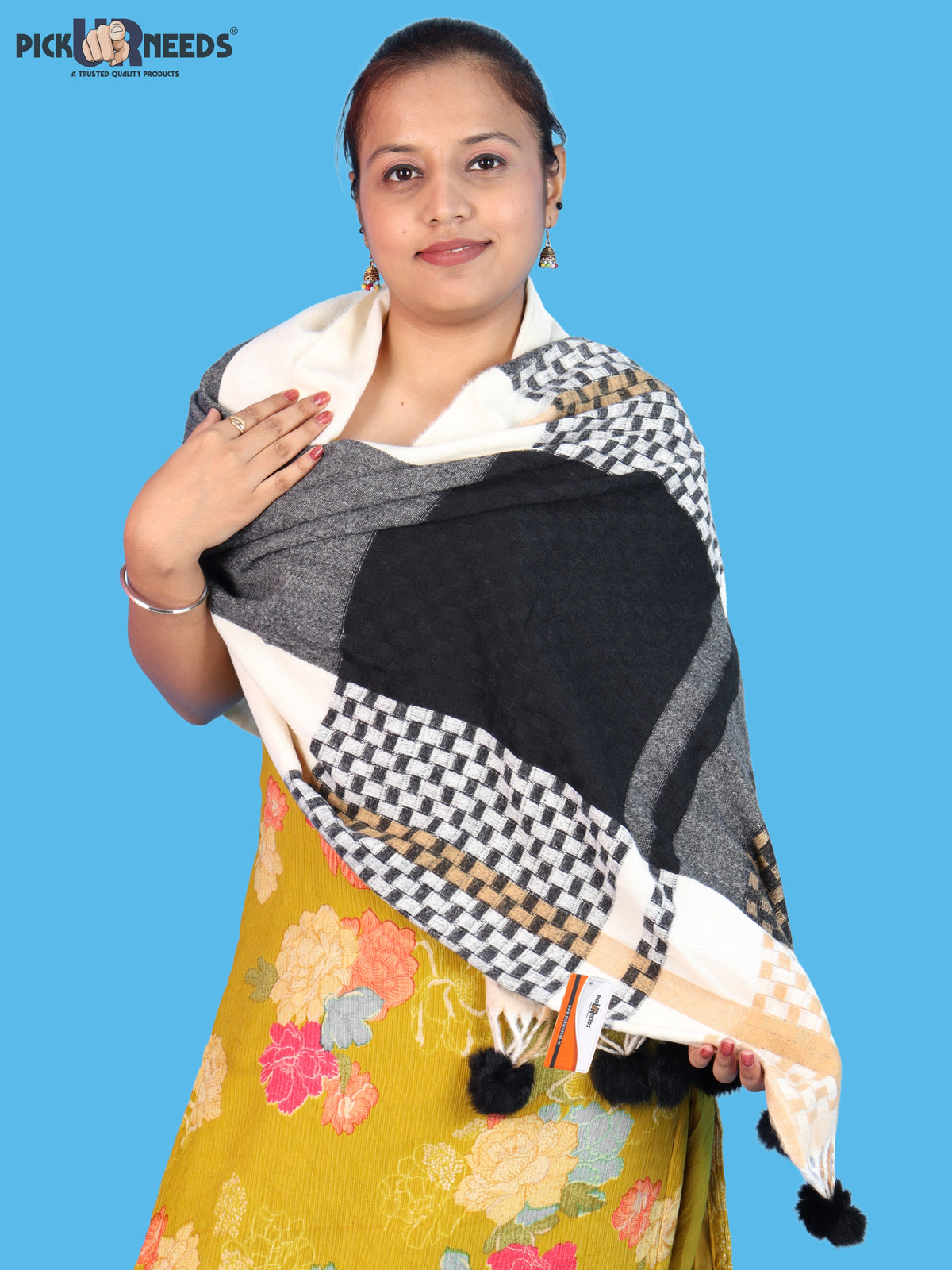 Pick Ur Needs Women Designer Winter Shawl with Geometric Checkered Pattern Shoulder Wrap with Tassels Stylish Stole for Girls Party, Casual & Ethnic Wear