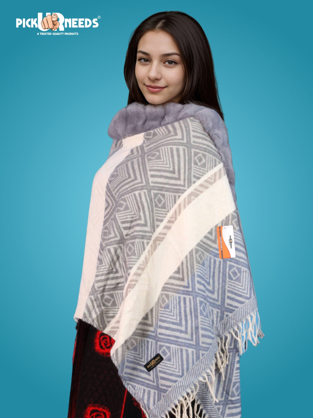 Pick Ur Needs Women's Winter Geometric Printed Faux Fur Border Shawl with Tassels  Soft Warm Wrap Stole for Casual, Party & Travel