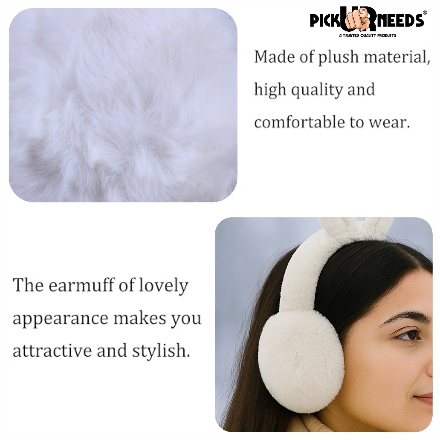 Pick Ur Needs Plush Earmuffs for Women & Girls with Stone Detail – Foldable Ultra-Soft Ear Warmers, Lightweight Winter Ear Muffs, Warm & Comfortable Cold Weather Accessory