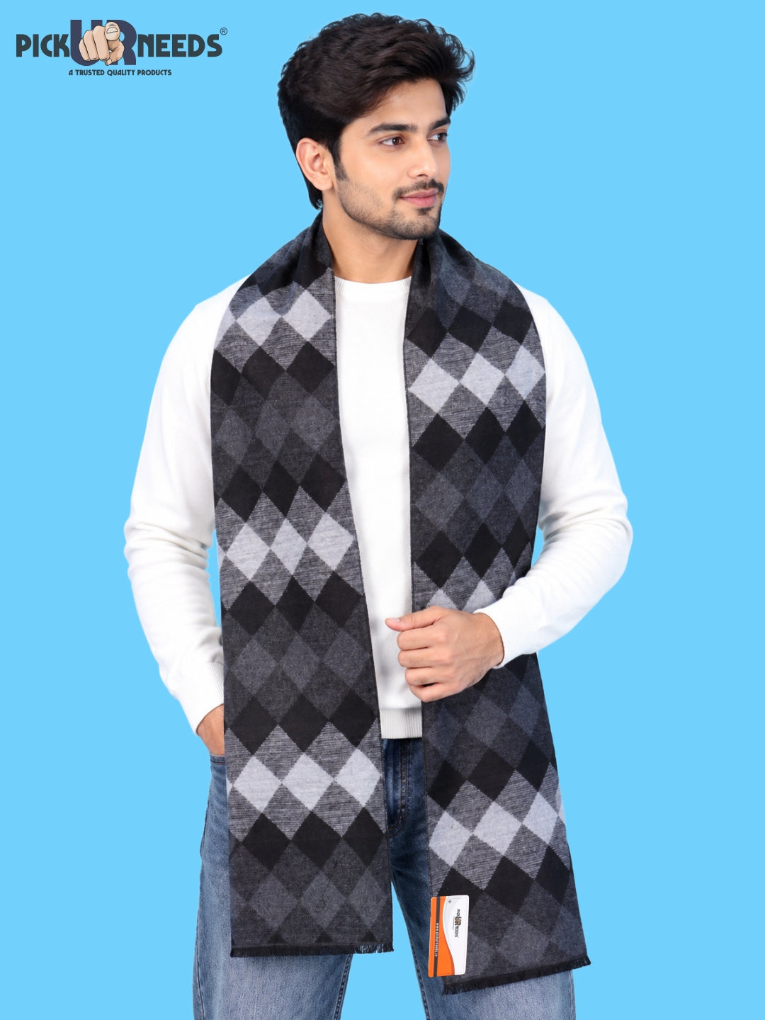 Pick Ur Needs Premium Winter Muffler for Men & Boys Soft & Warm Checkered Design Woolen Style Scarf Stylish Long Neck Wrap for Winter Wear