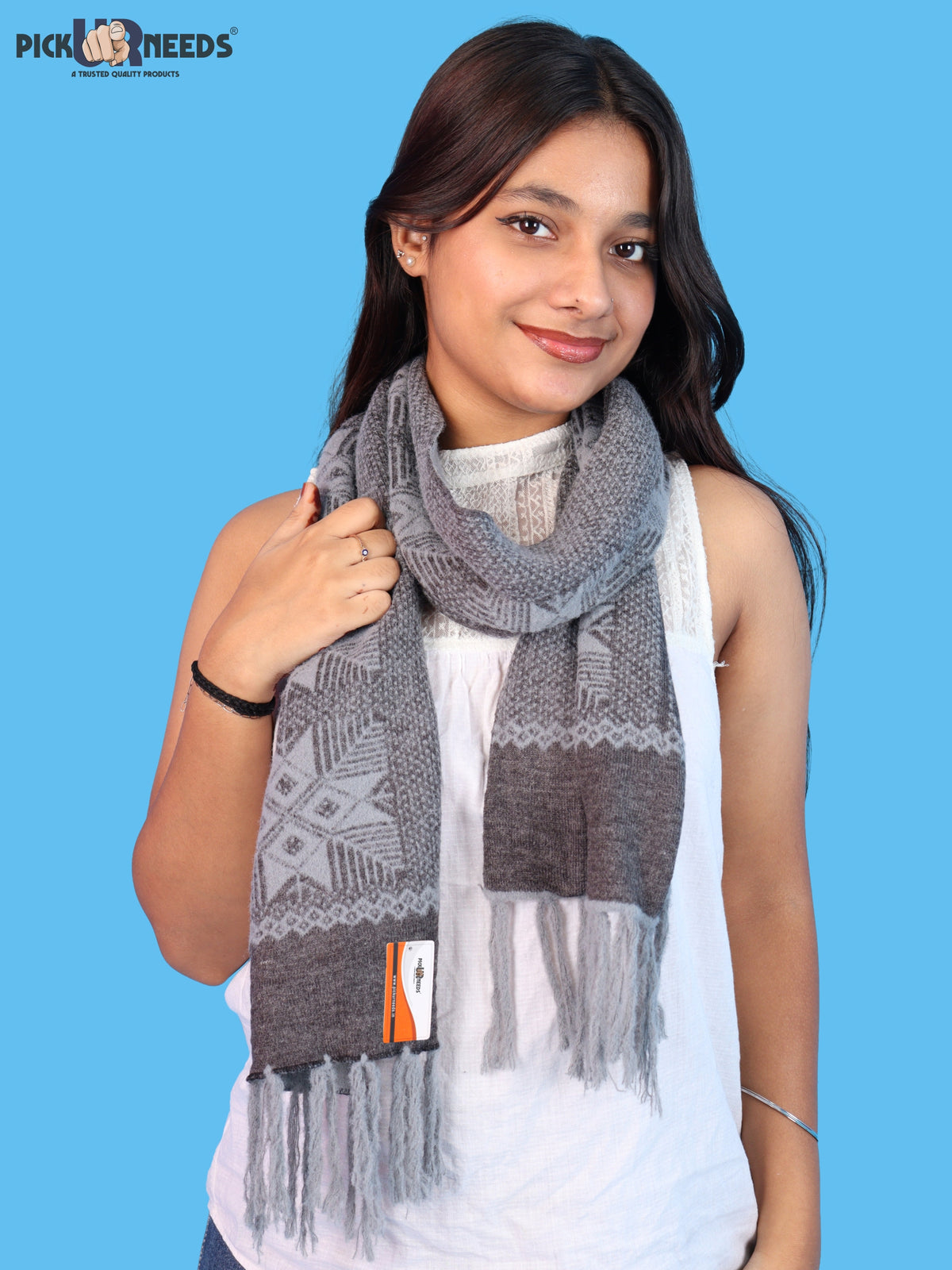 Pick Ur Needs Women & Girls Reversible Knitted Winter Muffler, Soft Warm Woollen Scarf with Geometric Pattern and Tassels, Lightweight Dual-Sided Winter Wrap