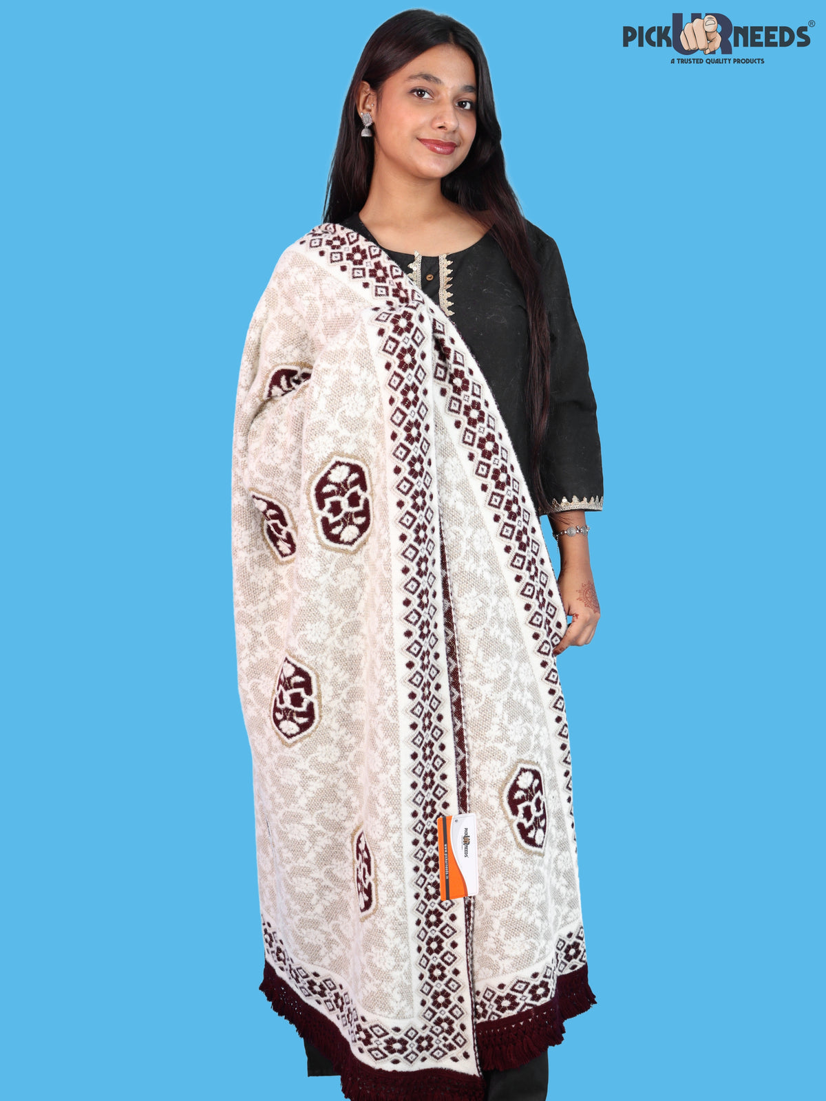 Pick Ur Needs Printed Women’s Woolen Shawl with Elegant Floral Pattern & Fur Border