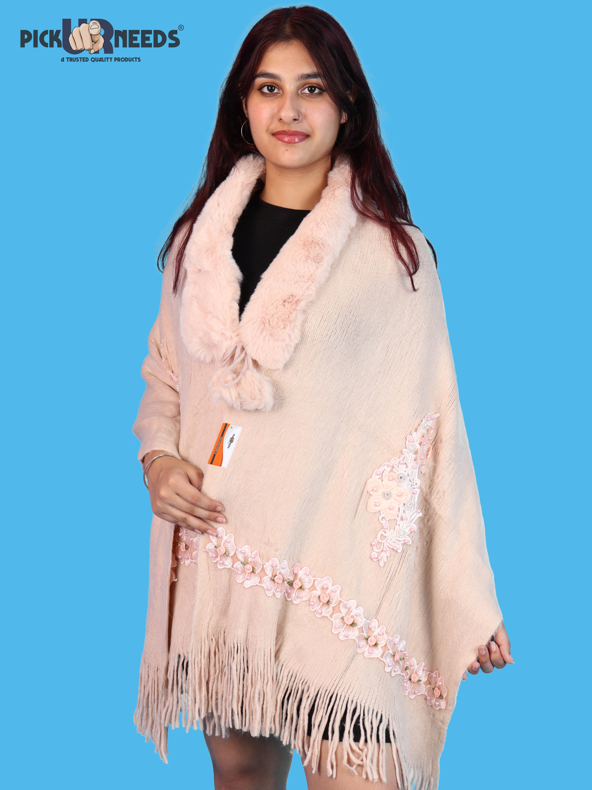 Pick Ur Needs Womens Premium Winter Shawl Shrug with Soft Fur Collar, Floral Embroidery, Pom-Pom Tie & Fringe Detailing Stylish Warm Wrap for Girls