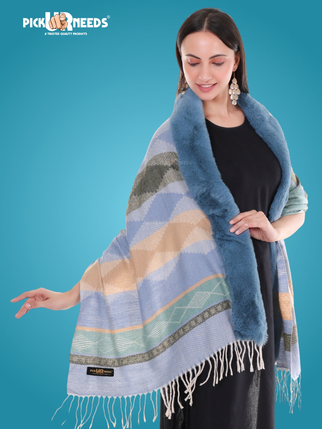 Pick Ur Needs Elegant Winter Soft & Warm Woolen Shawl with Faux Fur Border Multi Color Pattern Scarf