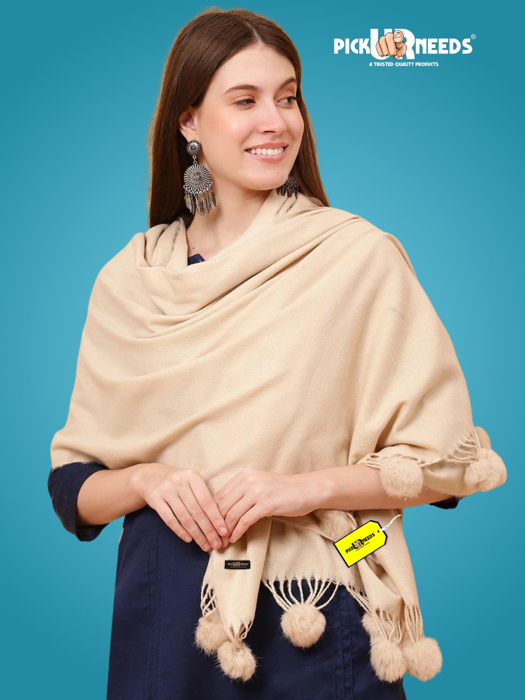 Pick Ur Needs Premium Women’s Wool Blend Scarf Soft Woolen Shawl Winter Stole with Tassels & Pom Poms