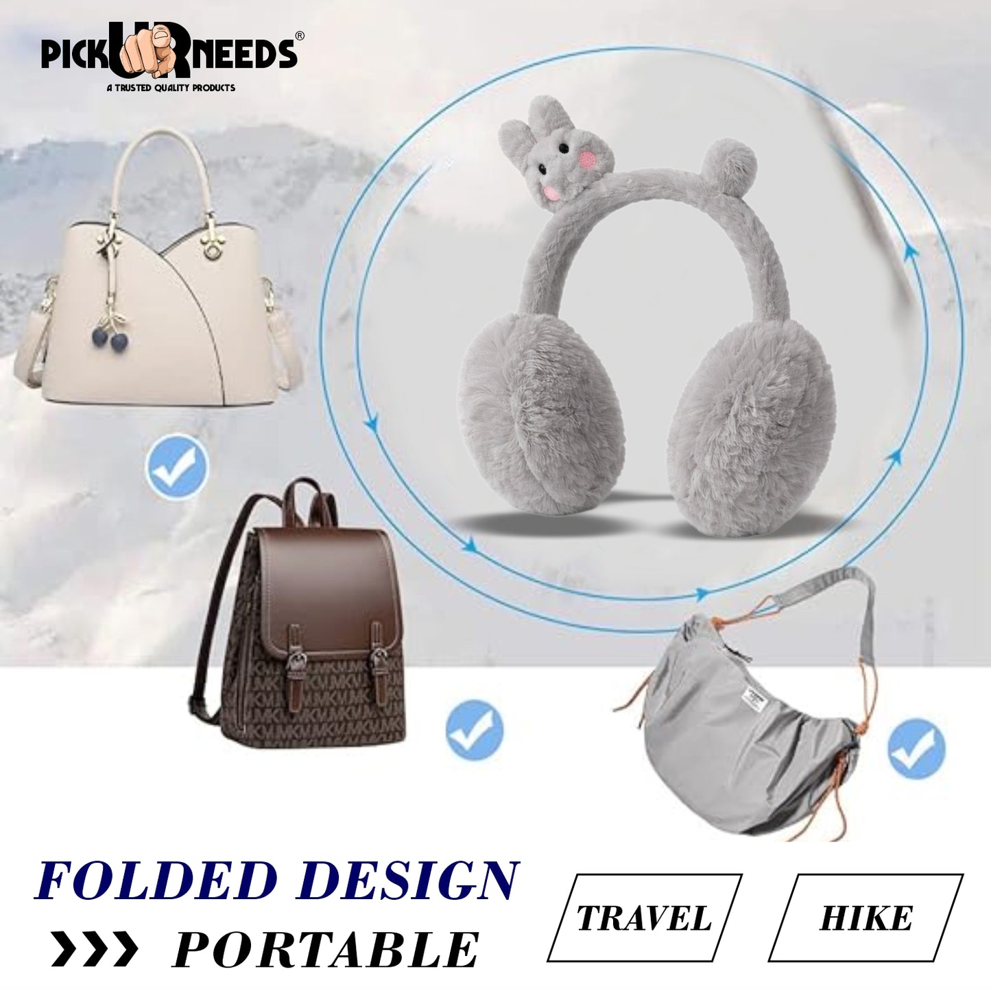 Pick Ur Needs Cute Bunny Ear Muffs for Women & Kids – Foldable Ultra-Soft Winter Earmuffs, Lightweight Plush Ear Warmers
