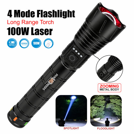Pick Ur Needs Long Range Rechargeable Metal LED Torch Emgergency Search Zoomable Flashlight with 4000mAh Battery 4 Lighting Modes