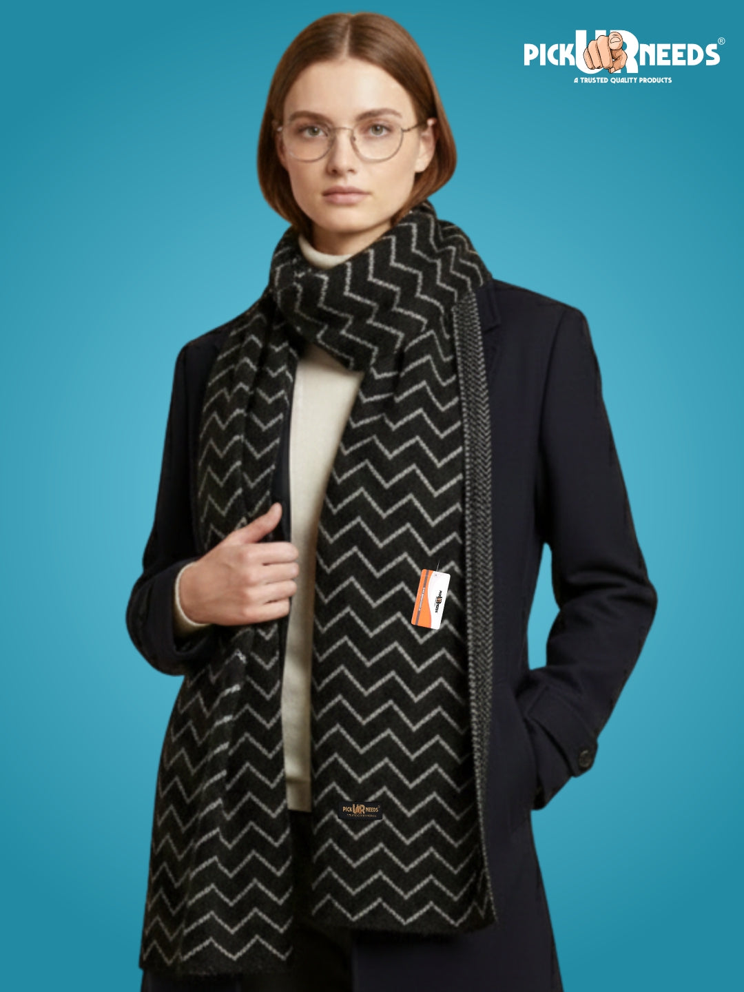 Pick Ur Needs Premium Woolen Winter Muffler with Gold Zigzag Pattern | Soft, Warm & Stylish Scarf for Women