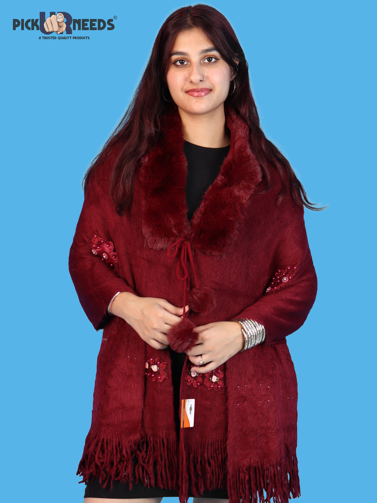 Pick Ur Needs Womens Premium Winter Shawl Shrug with Soft Fur Collar, Floral Embroidery, Pom-Pom Tie & Fringe Detailing Stylish Warm Wrap for Girls