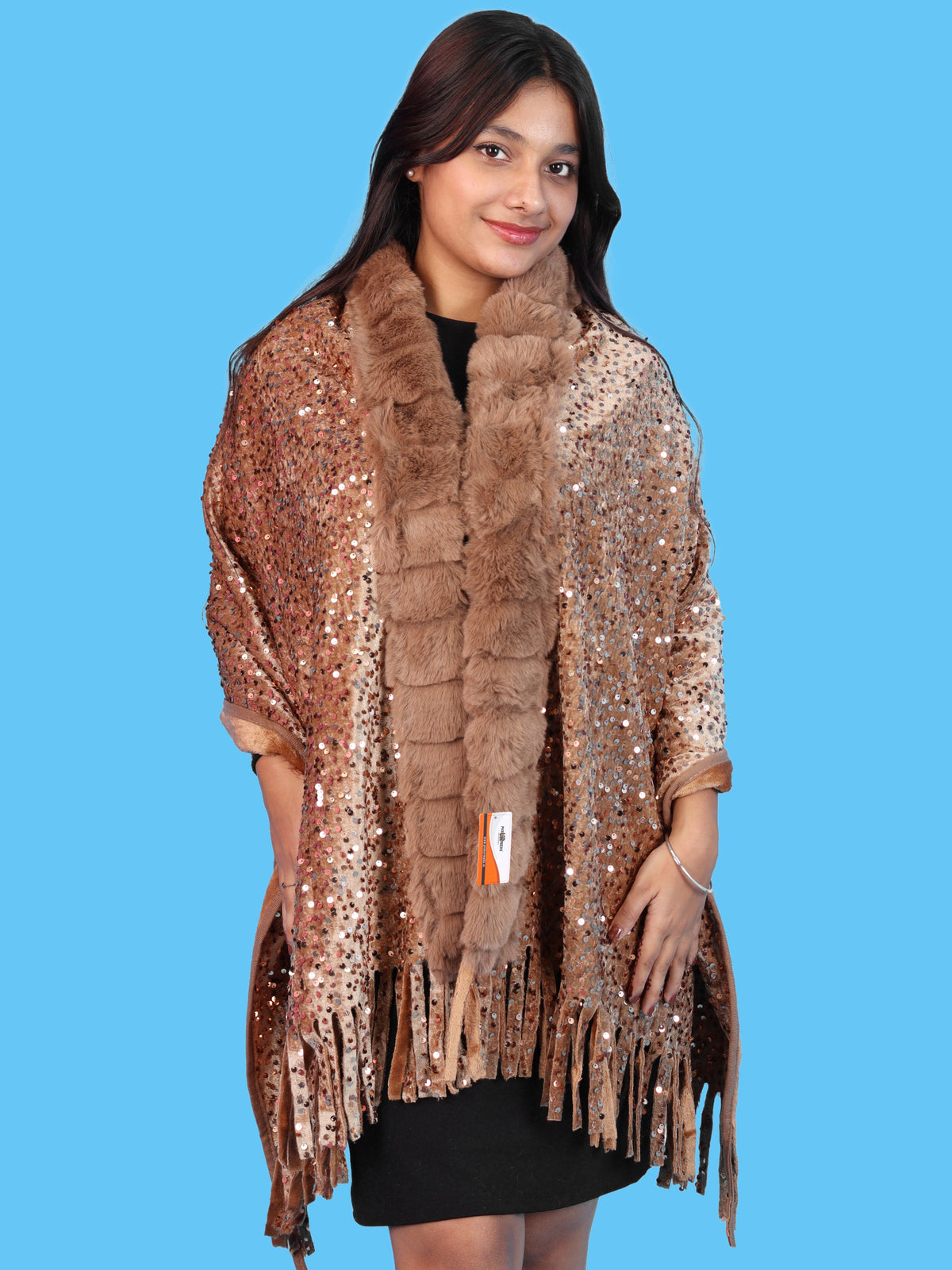 Pick Ur Needs Premium Winter Women Shawl with Shimmering Sequin Work & Soft Fur Border Elegant Warm Designer Shawls with Fringe Tassels for Ladies & Girls