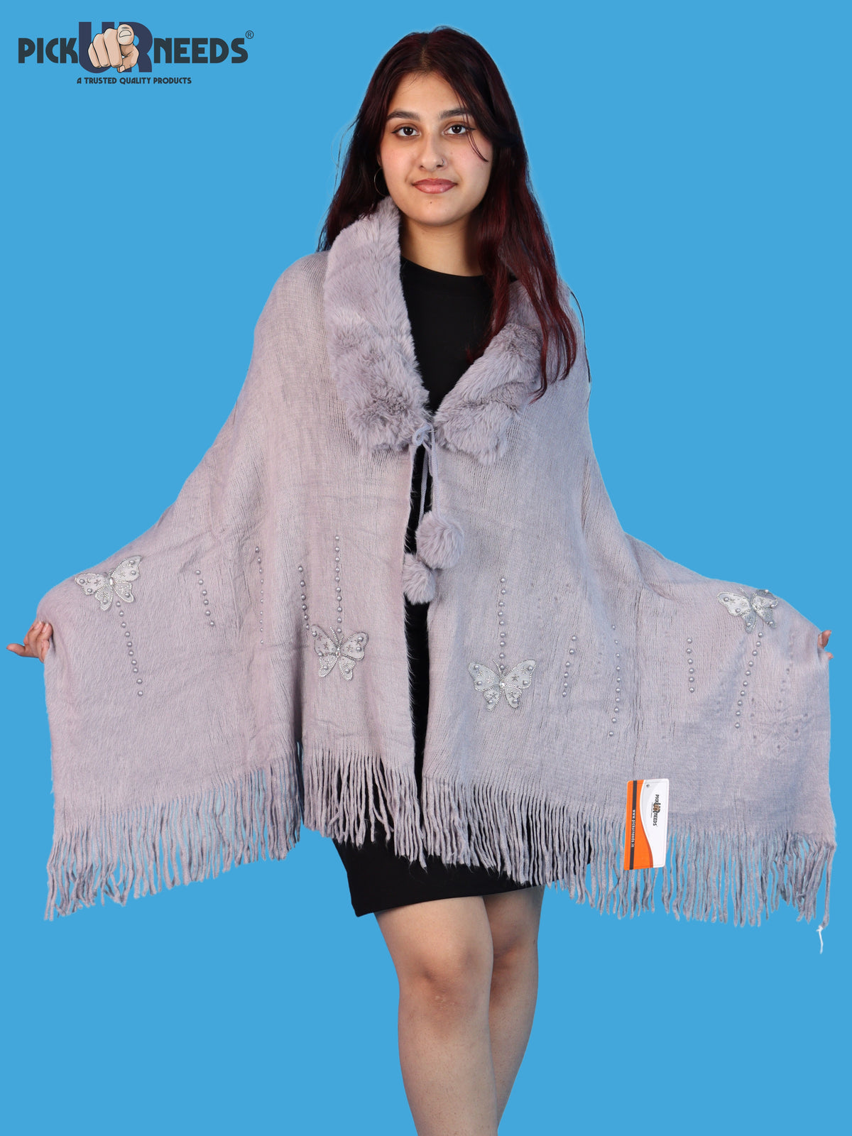 Pick Ur Needs Womens Faux Fur Collar Shrug with Pom Pom Tie Shawl Elegant Fringed Winter Wrap for Women & Girls