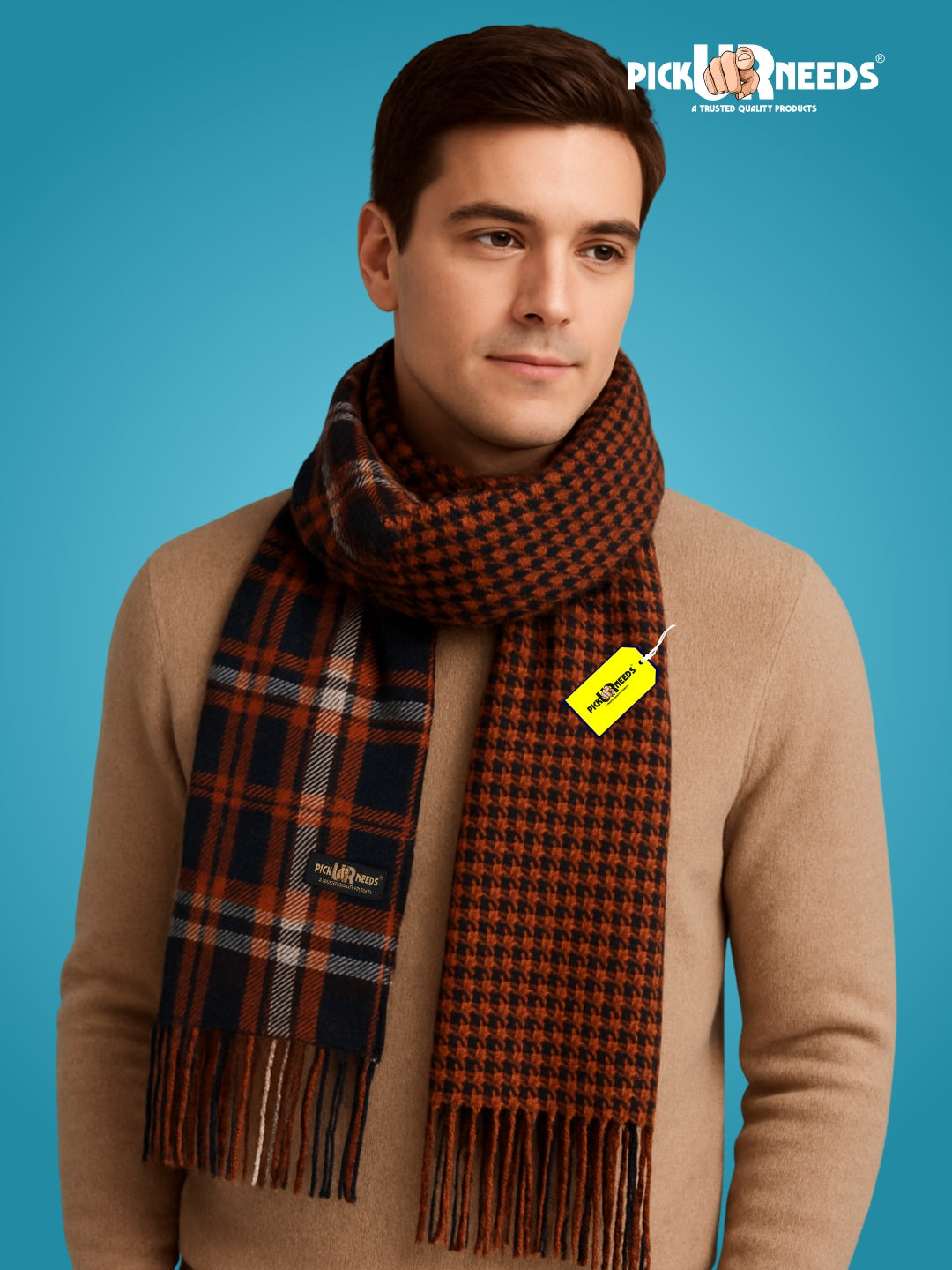 Pick Ur Needs Reversible Winter Muffler for Men Premium Soft Wool Blend Scarf Dual-Design Check & Houndstooth Pattern Warm & Stylish Winter Neck Wrap