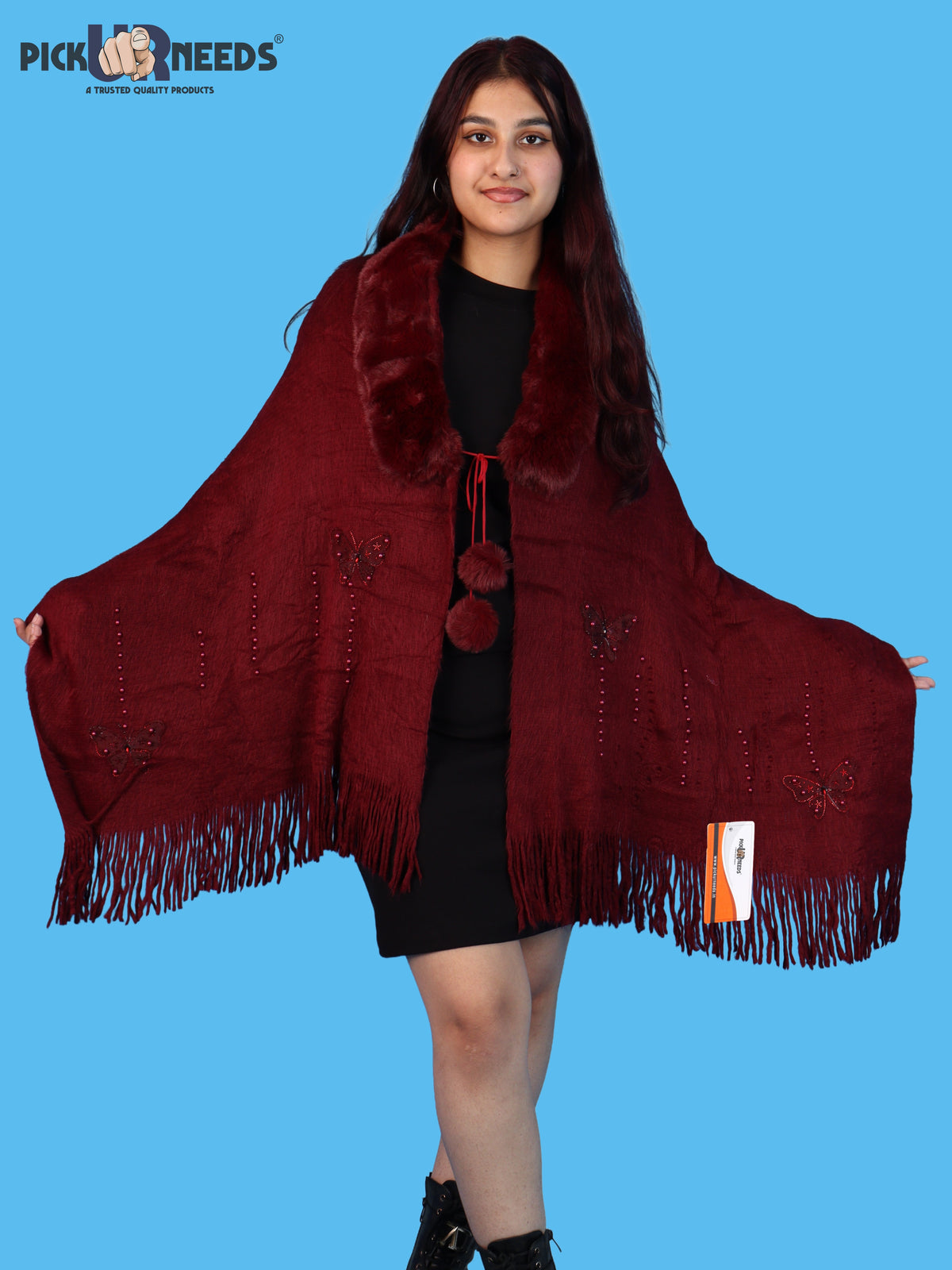 Pick Ur Needs Womens Faux Fur Collar Shrug with Pom Pom Tie Shawl Elegant Fringed Winter Wrap for Women & Girls