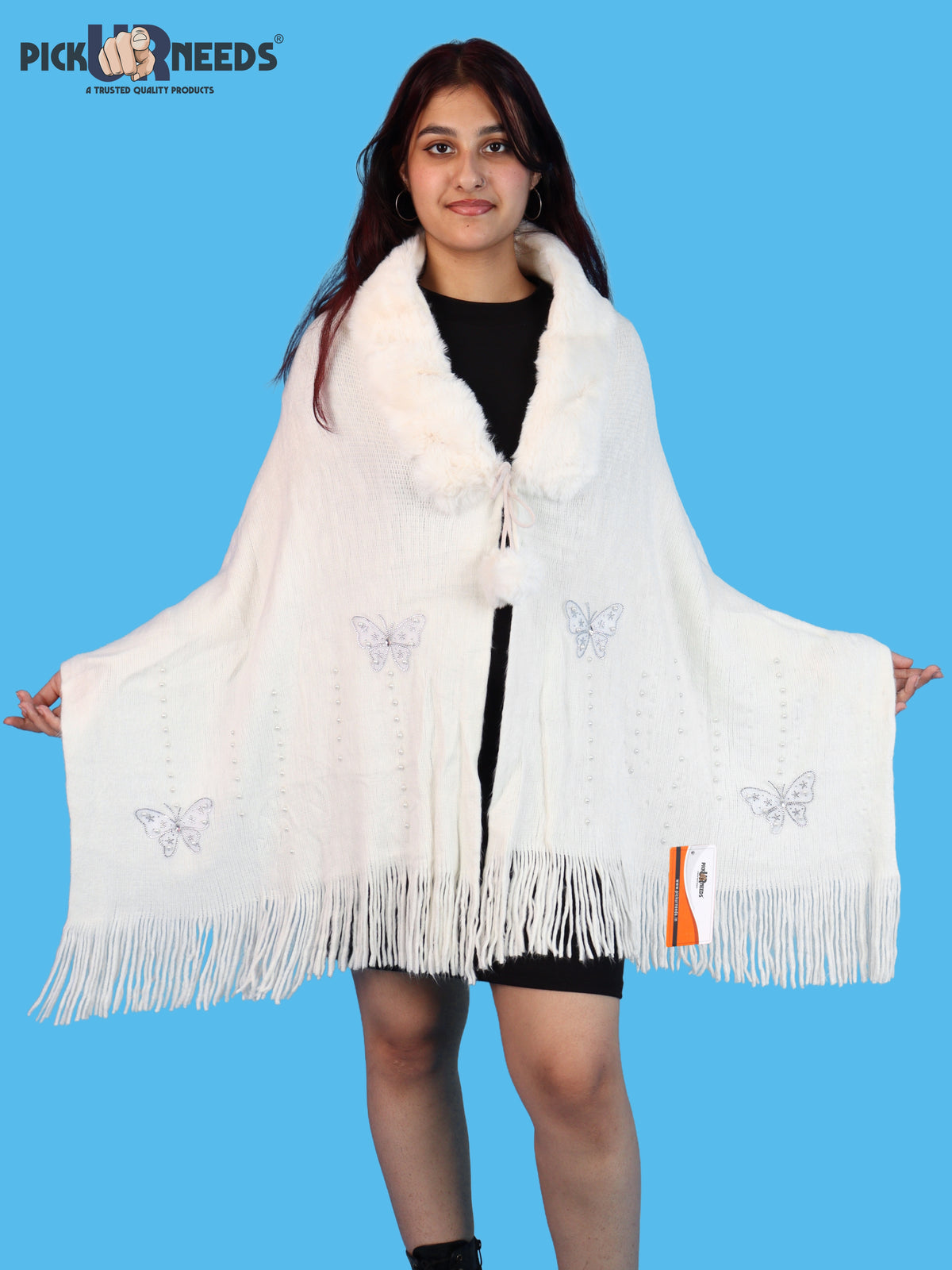 Pick Ur Needs Womens Faux Fur Collar Shrug with Pom Pom Tie Shawl Elegant Fringed Winter Wrap for Women & Girls