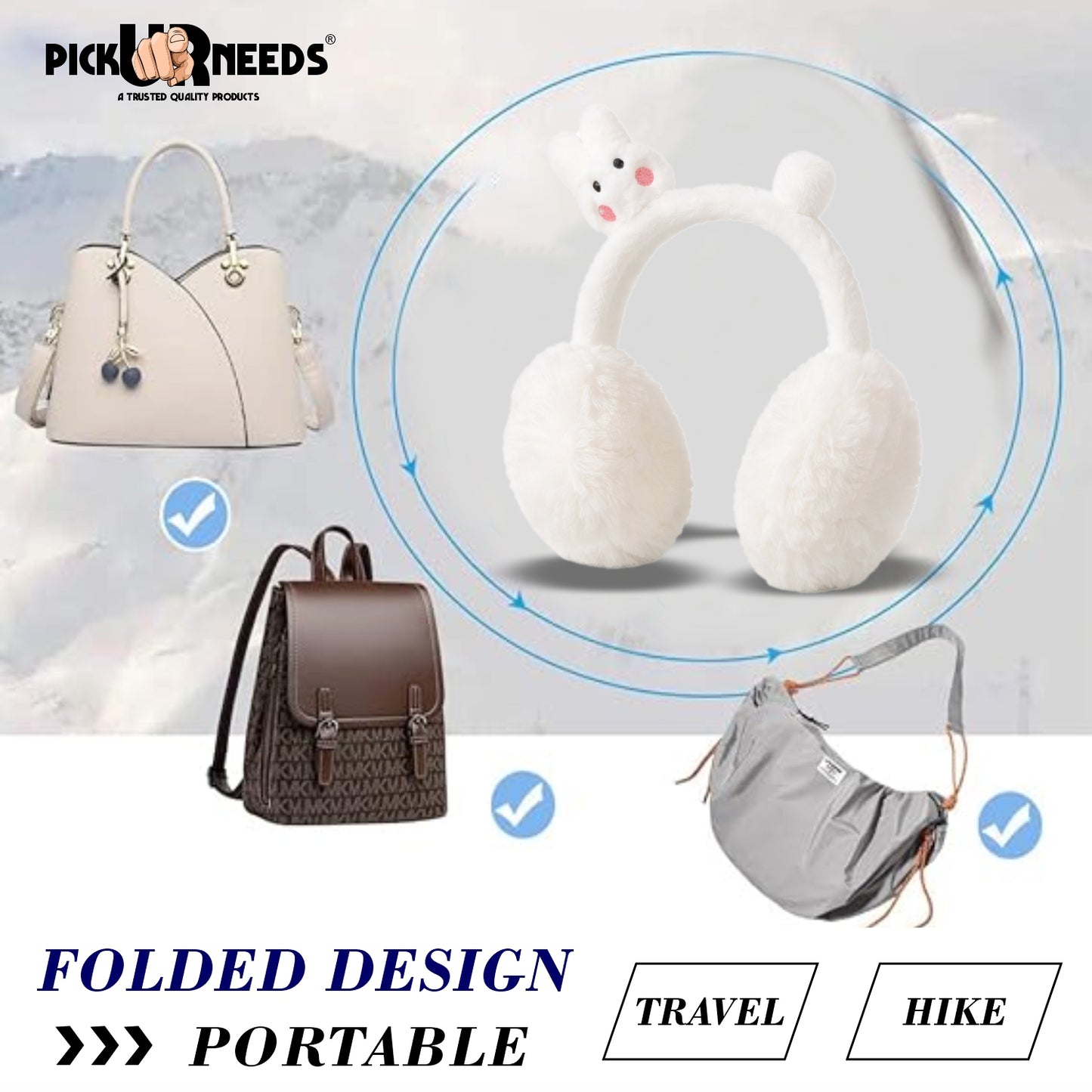 Pick Ur Needs Cute Bunny Ear Muffs for Women & Kids – Foldable Ultra-Soft Winter Earmuffs, Lightweight Plush Ear Warmers