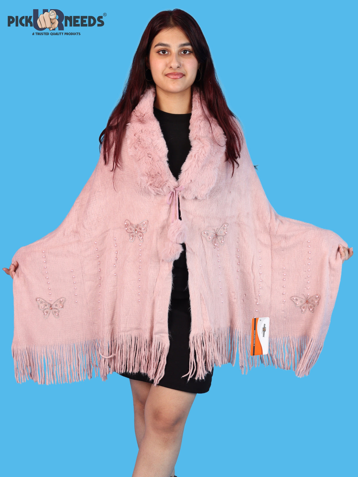 Pick Ur Needs Womens Faux Fur Collar Shrug with Pom Pom Tie Shawl Elegant Fringed Winter Wrap for Women & Girls
