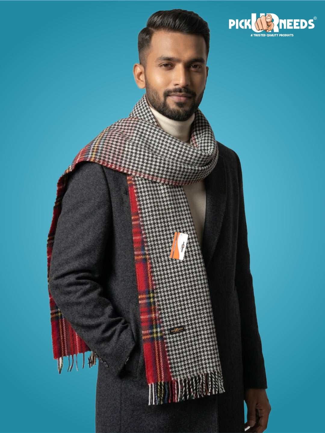 Pick Ur Needs Reversible Winter Muffler for Men Premium Soft Wool Blend Scarf Dual-Design Check & Houndstooth Pattern Warm & Stylish Winter Neck Wrap