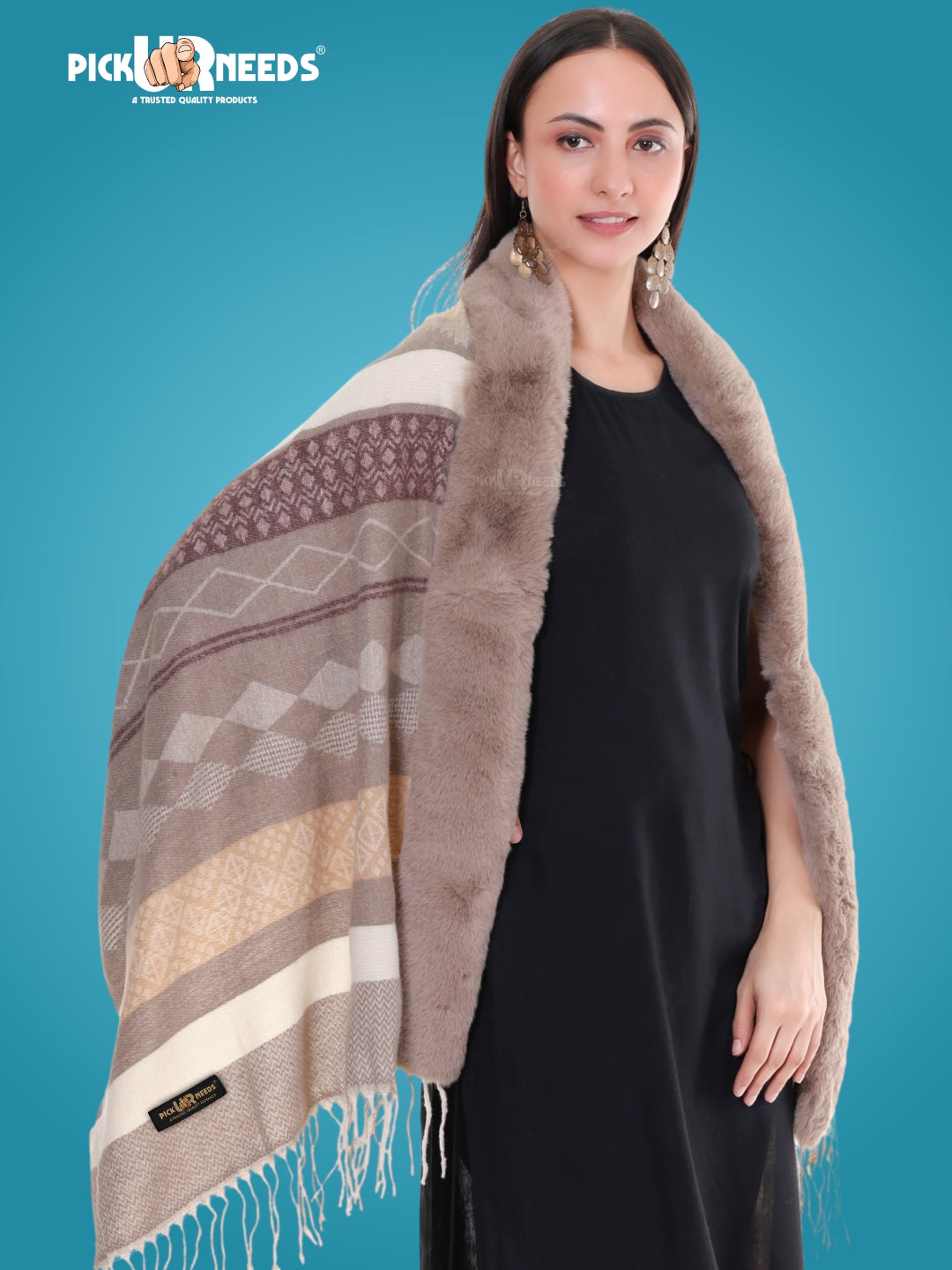 Pick Ur Needs Elegant Winter Soft & Warm Woolen Shawl with Faux Fur Border Multi Color Pattern Scarf