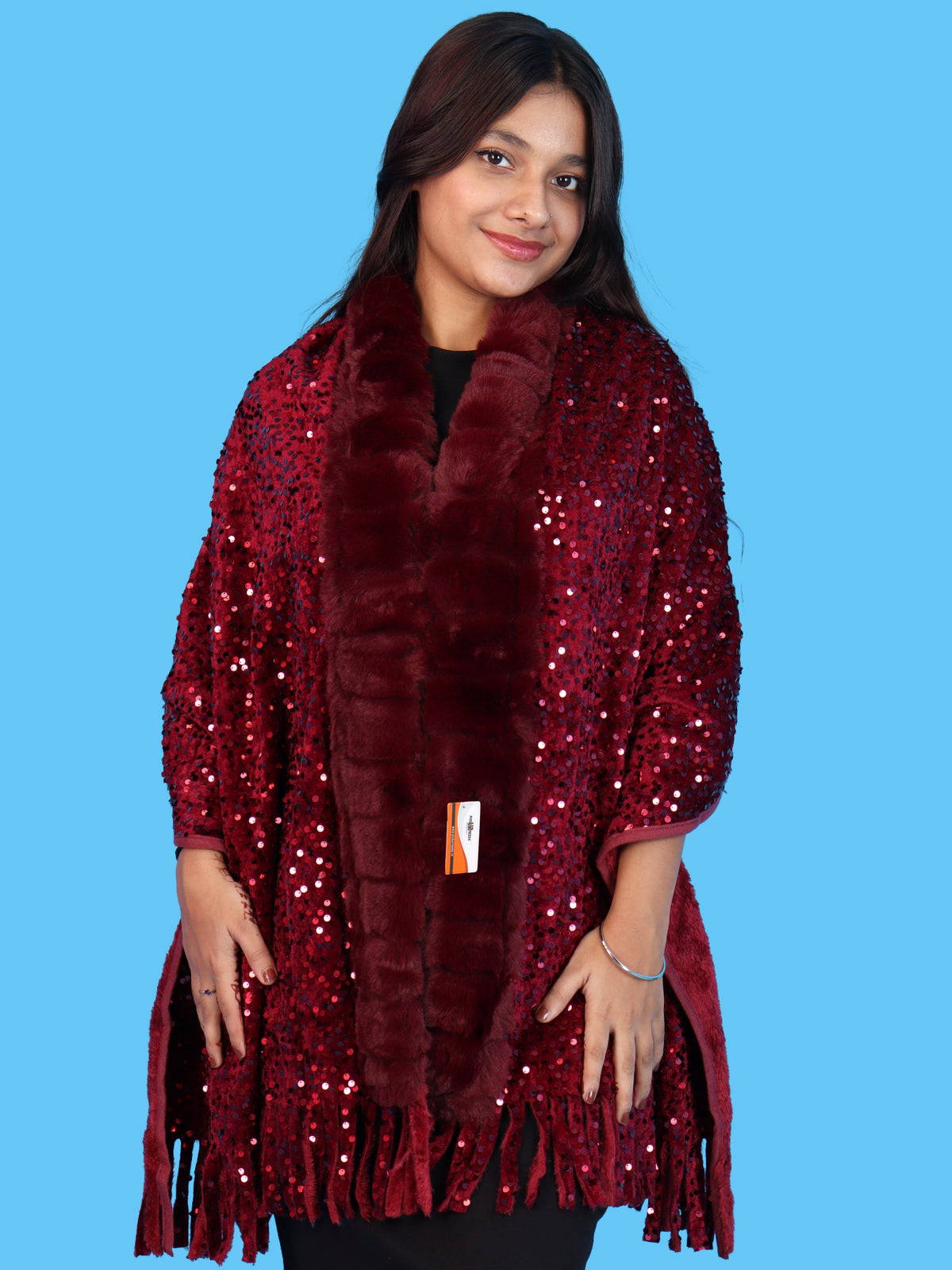Pick Ur Needs Premium Winter Women Shawl with Shimmering Sequin Work & Soft Fur Border Elegant Warm Designer Shawls with Fringe Tassels for Ladies & Girls