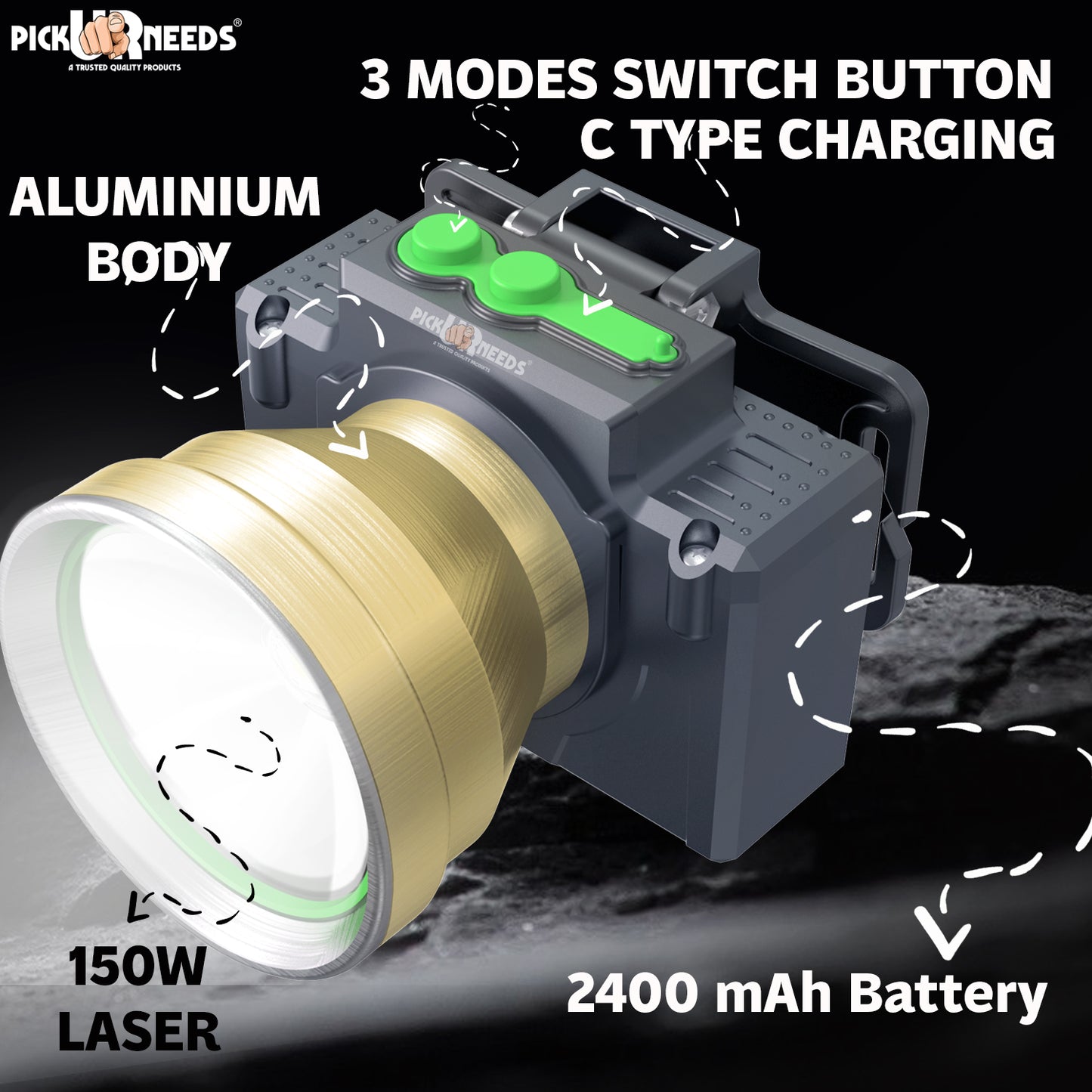 Pick Ur Needs Rechargeable Head Lamp With 3 Mode LED Almunium Body 150W Laser 2400 mAh Battery 3 hrs Torch Emergency Light
