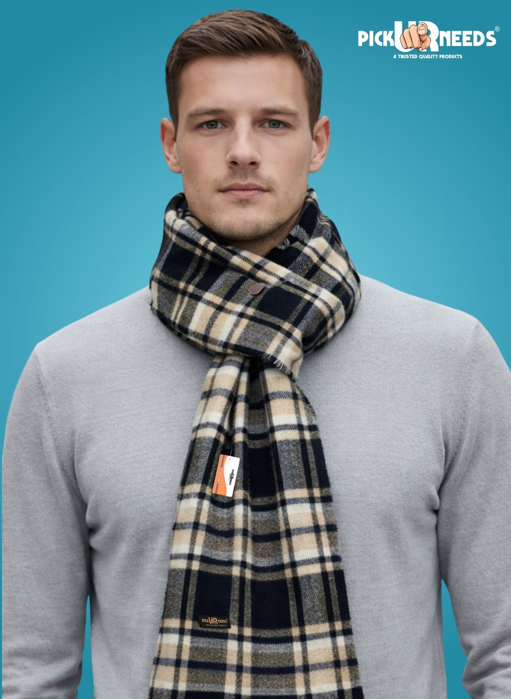 Pick Ur Needs Reversible Winter Muffler for Men Premium Soft Wool Blend Scarf Dual-Design Check & Houndstooth Pattern Warm & Stylish Winter Neck Wrap
