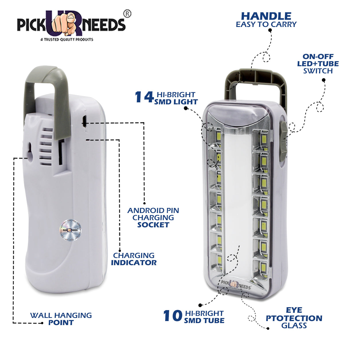 Pick Ur Needs 2 In 1 Rechargeable 14 SMD + Tube LED With 4 hrs Lantern Emergency Light(TUBE+SMD)