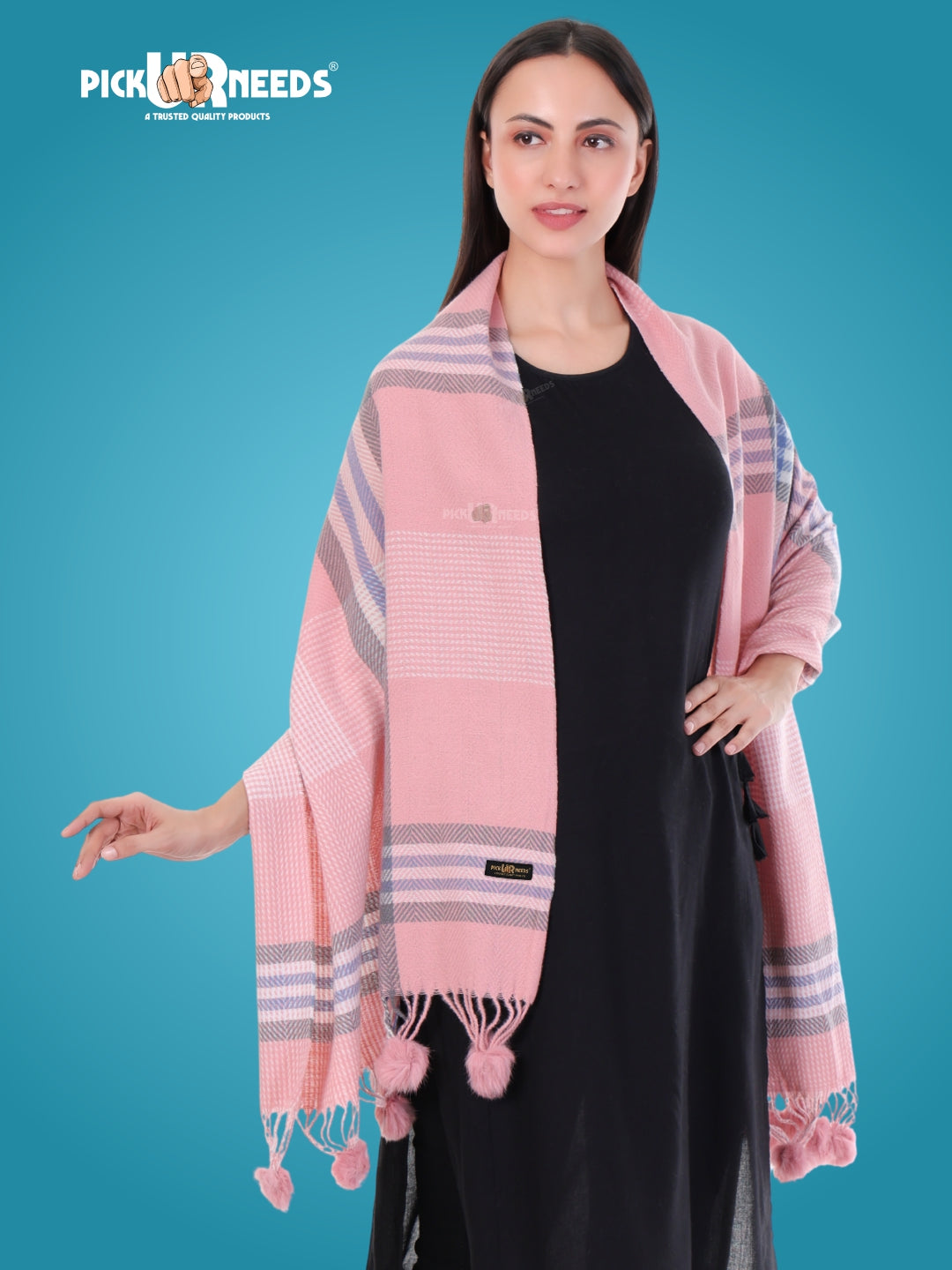 Pick Ur Needs Women's Soft Plaid Shawl Wrap Scarf with Pom Poms Warm Blanket Stole Fashionable Winter Gift for Ladies