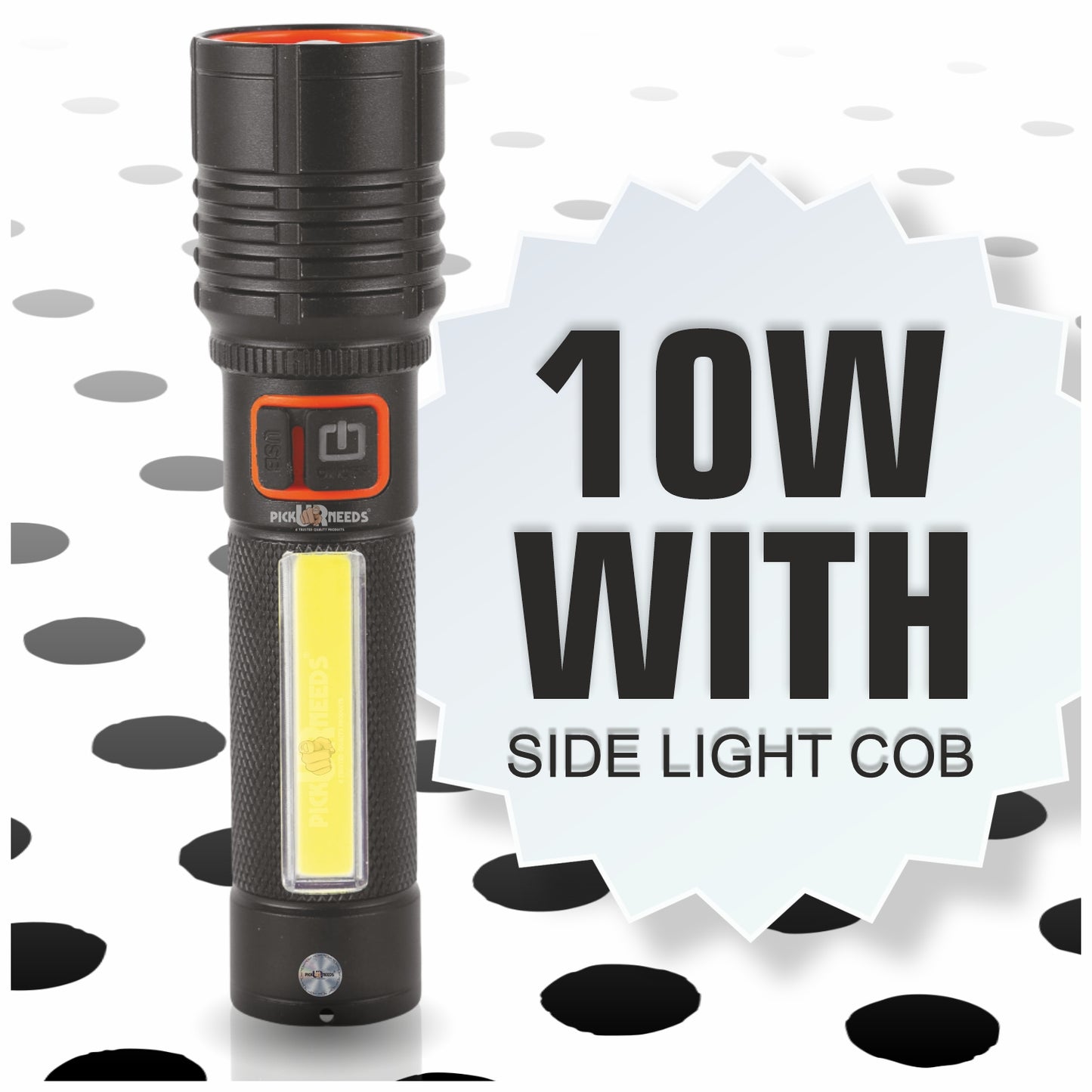 Pick Ur Needs Rechargeable 100W Aluminium Body Home Emergency Mini Search Torch Light Zoomable with 3 Mode + Side COB with 2 Mode 1200mAH Battery